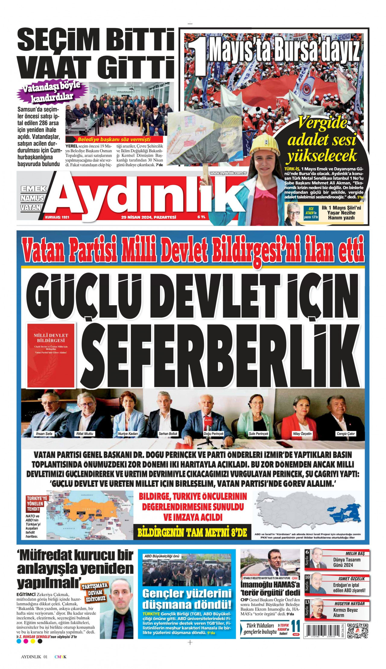 AYDINLIK GAZETESİ gazetesinin 29 Nisan 2024 tarihli birinci sayfası