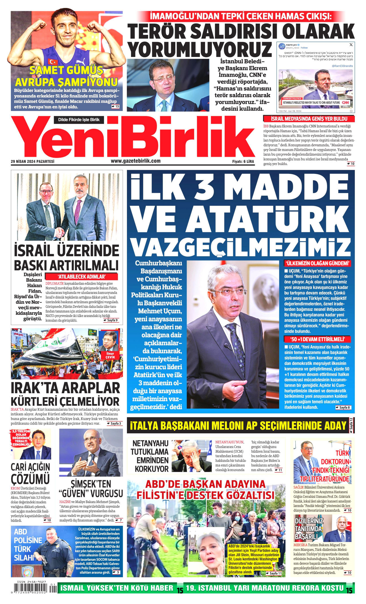 YENİBİRLİK gazetesinin 29 Nisan 2024 tarihli birinci sayfası