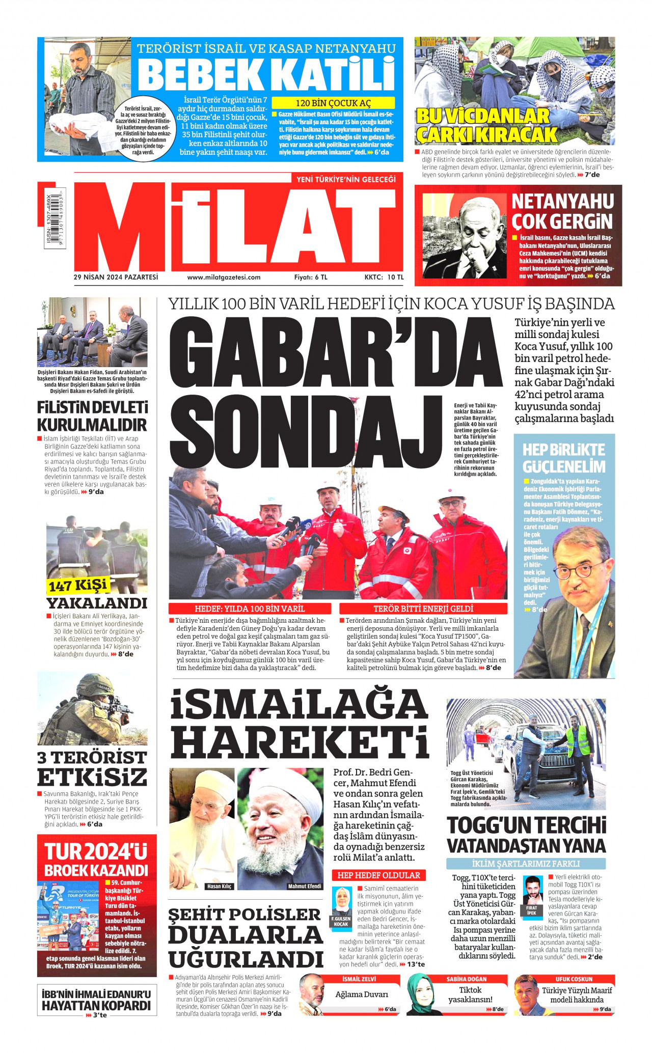 MİLAT gazetesinin 29 Nisan 2024 tarihli birinci sayfası