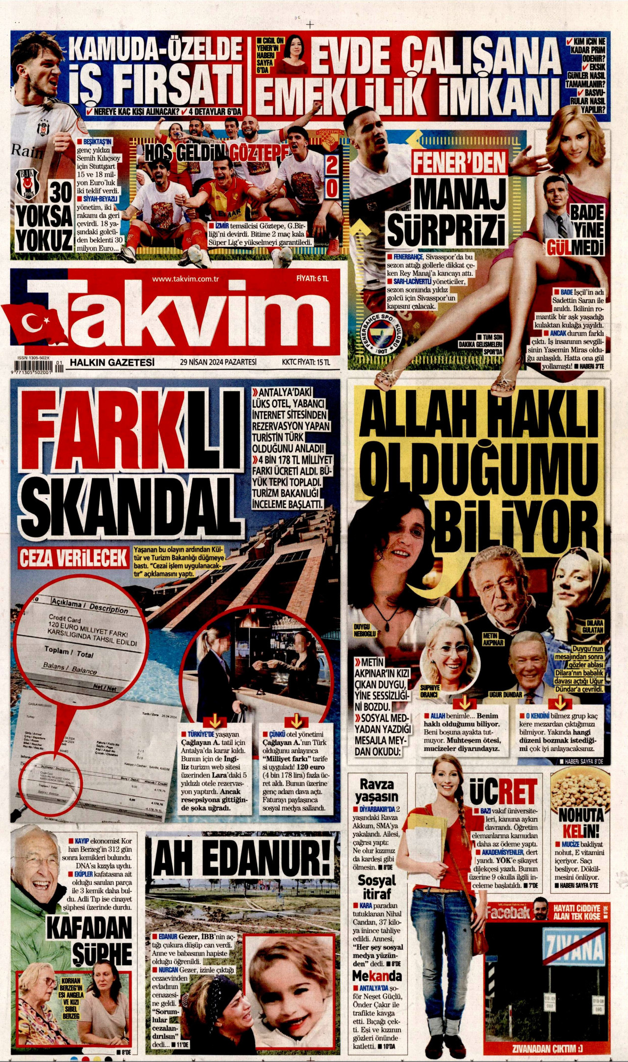 TAKVİM gazetesinin 29 Nisan 2024 tarihli birinci sayfası
