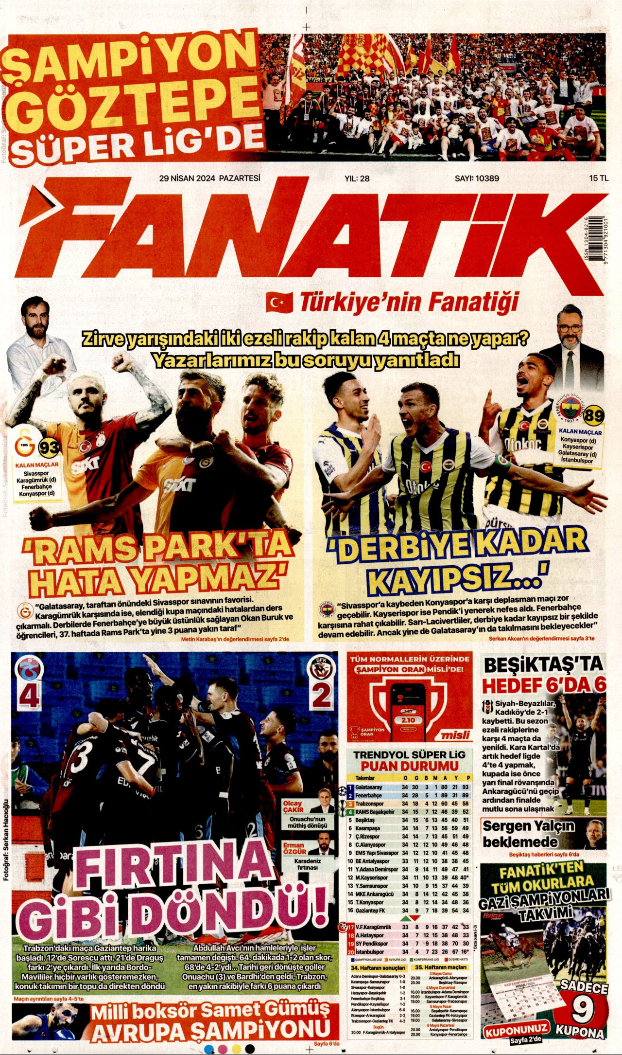 FANATİK gazetesinin 29 Nisan 2024 tarihli birinci sayfası