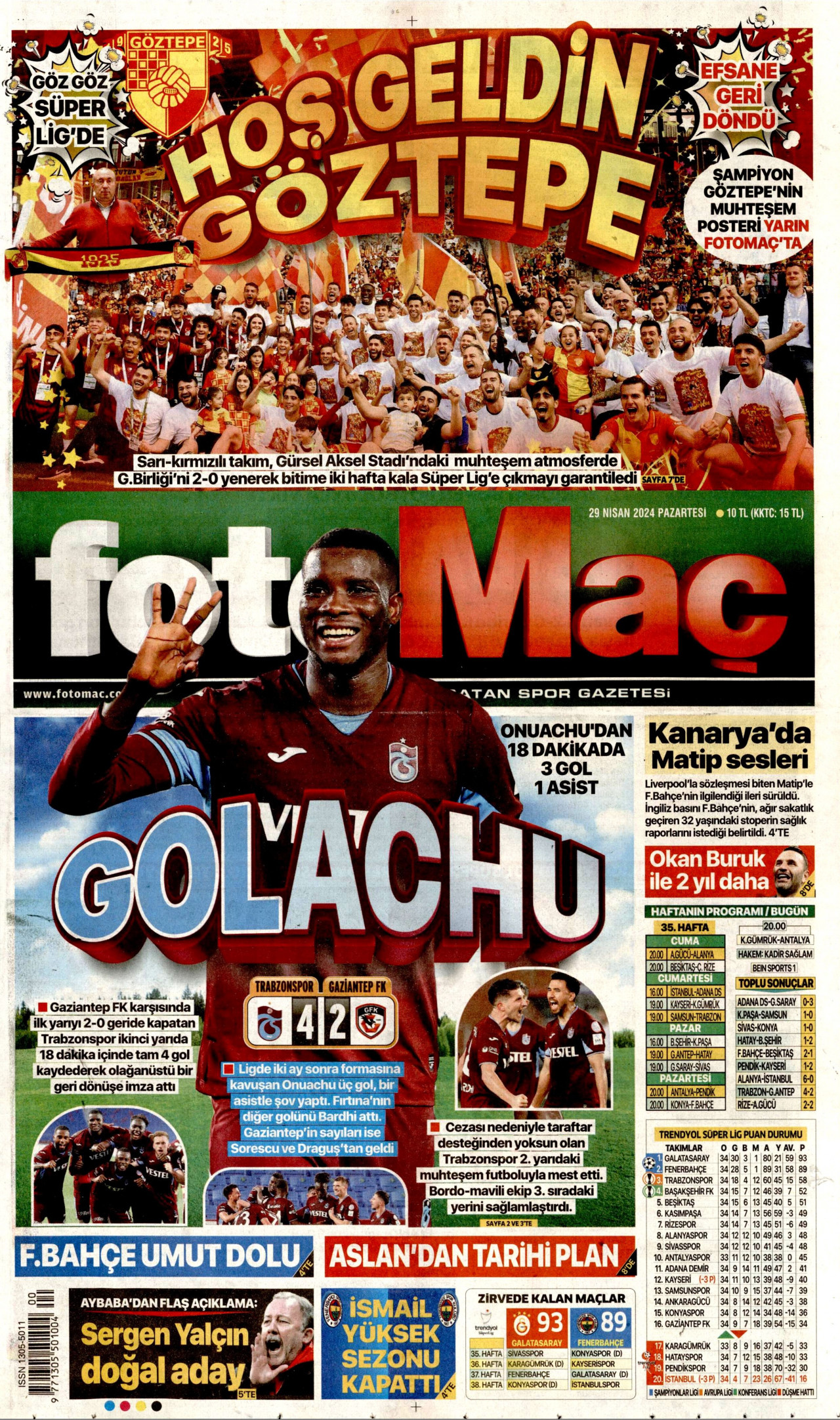 FOTOMAÇ gazetesinin 29 Nisan 2024 tarihli birinci sayfası