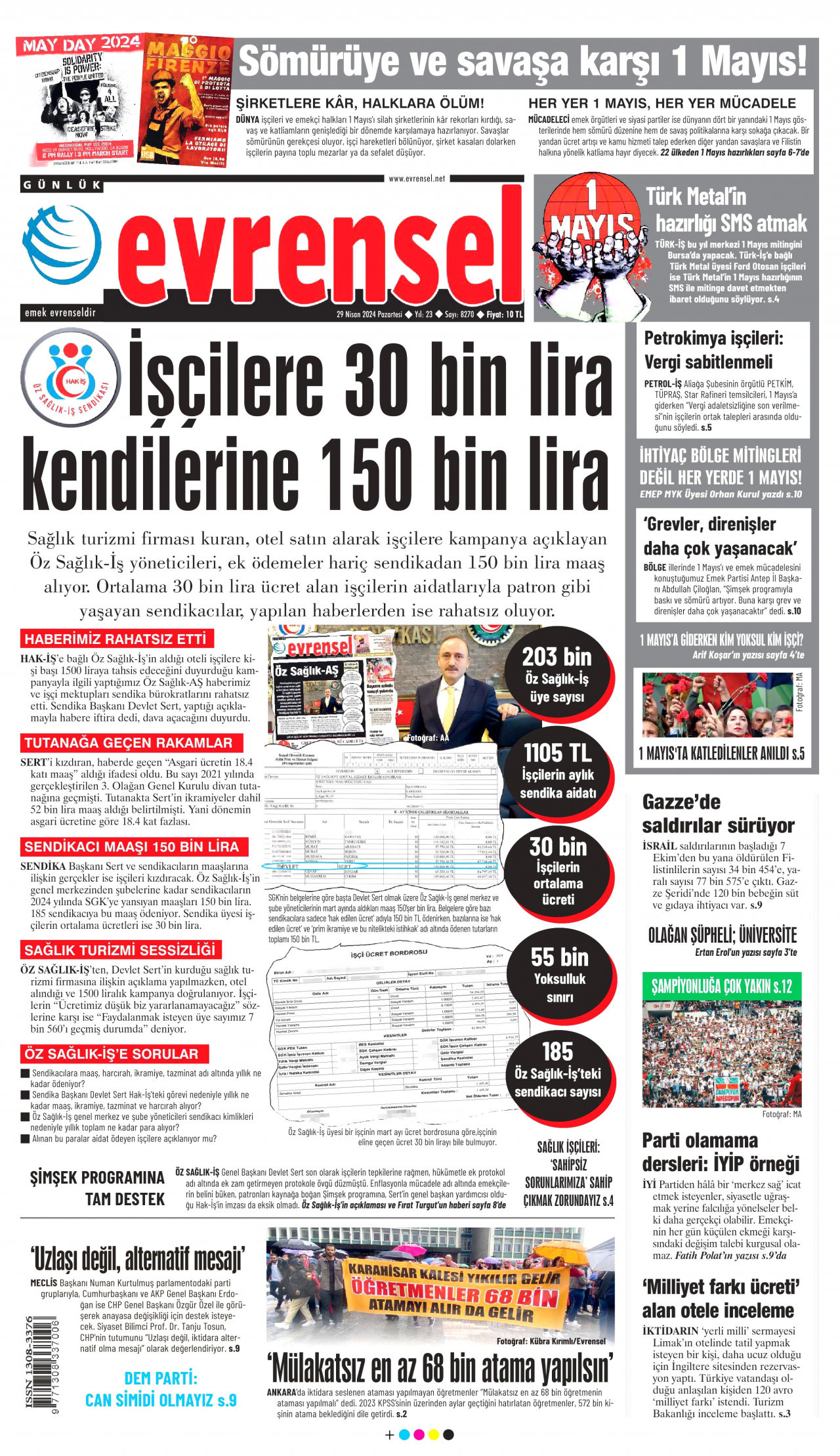 EVRENSEL gazetesinin 29 Nisan 2024 tarihli birinci sayfası