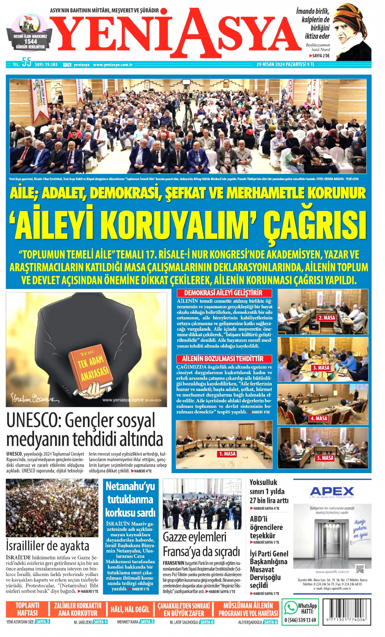 YENİ ASYA gazetesinin 29 Nisan 2024 tarihli birinci sayfası