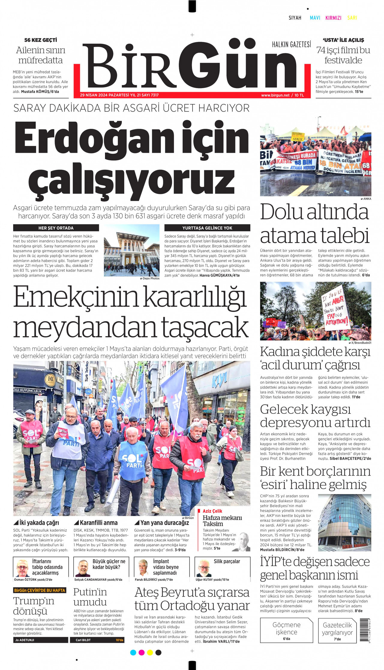 BİRGÜN gazetesinin 29 Nisan 2024 tarihli birinci sayfası