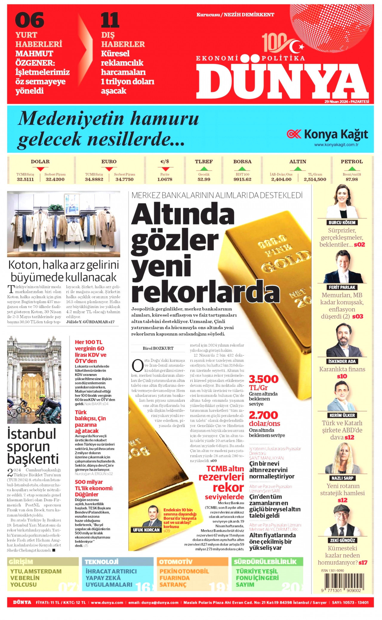 DÜNYA gazetesinin 29 Nisan 2024 tarihli birinci sayfası