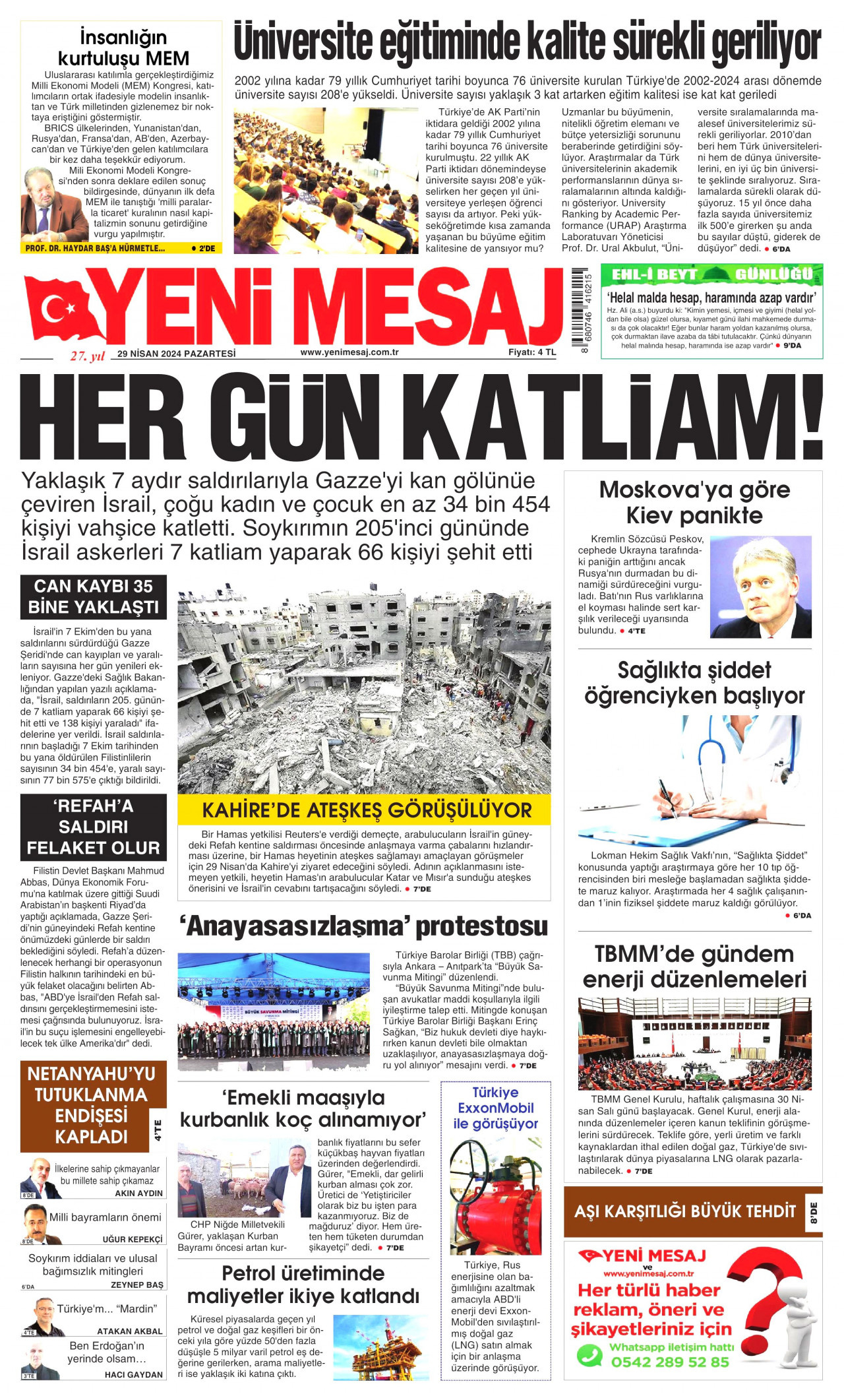 YENİ MESAJ gazetesinin 29 Nisan 2024 tarihli birinci sayfası