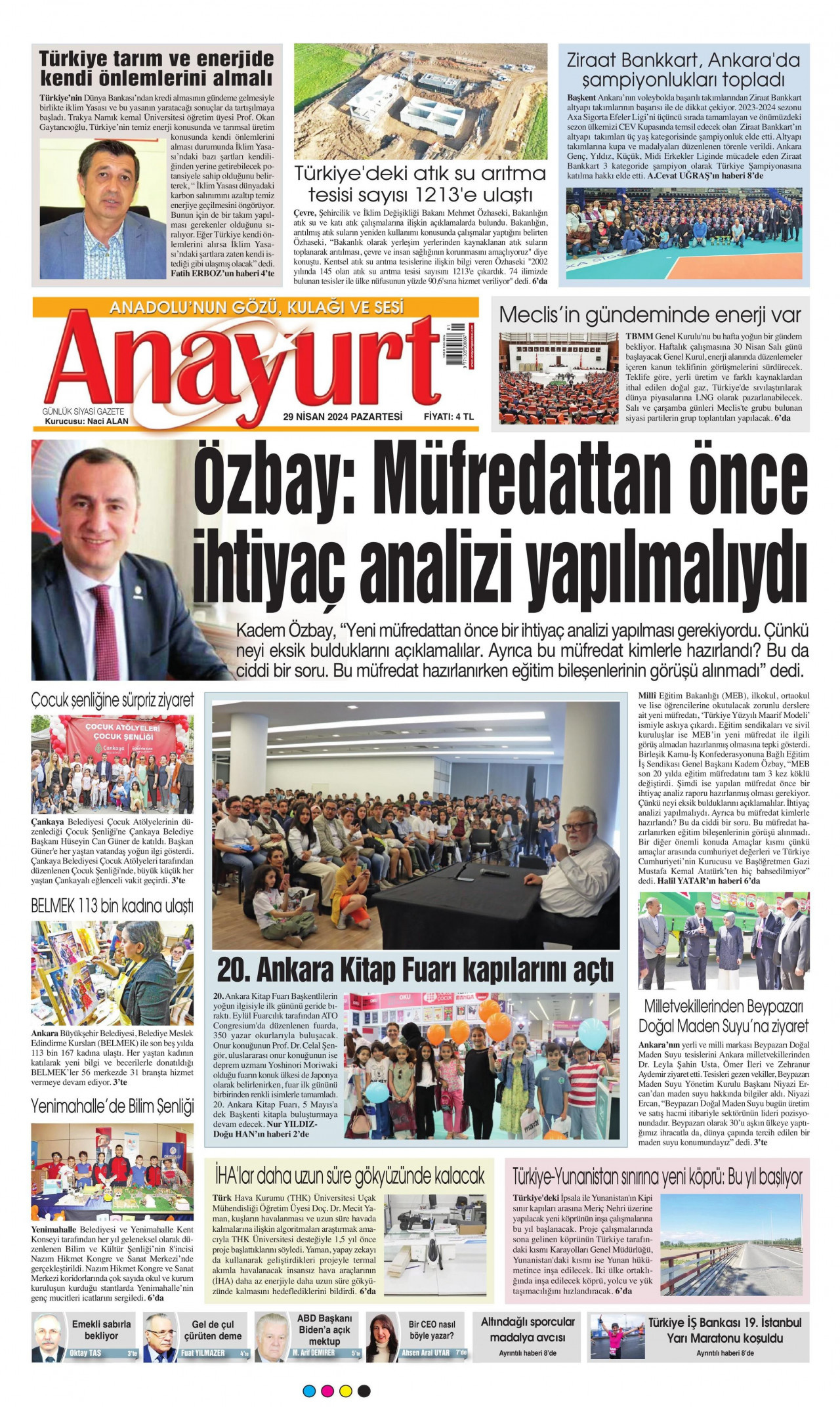 ANAYURT gazetesinin 29 Nisan 2024 tarihli birinci sayfası