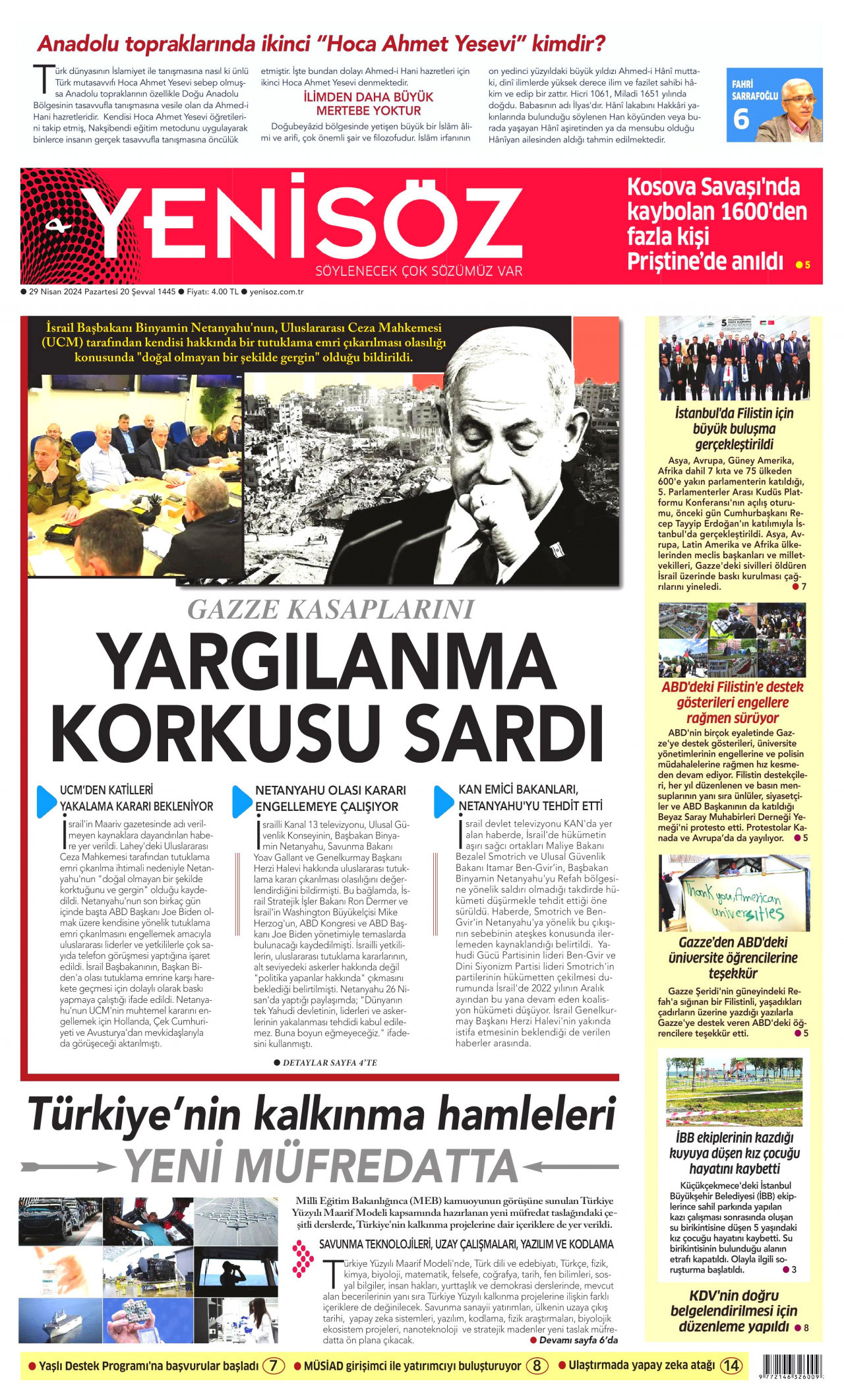YENİ SÖZ GAZETESİ gazetesinin 29 Nisan 2024 tarihli birinci sayfası