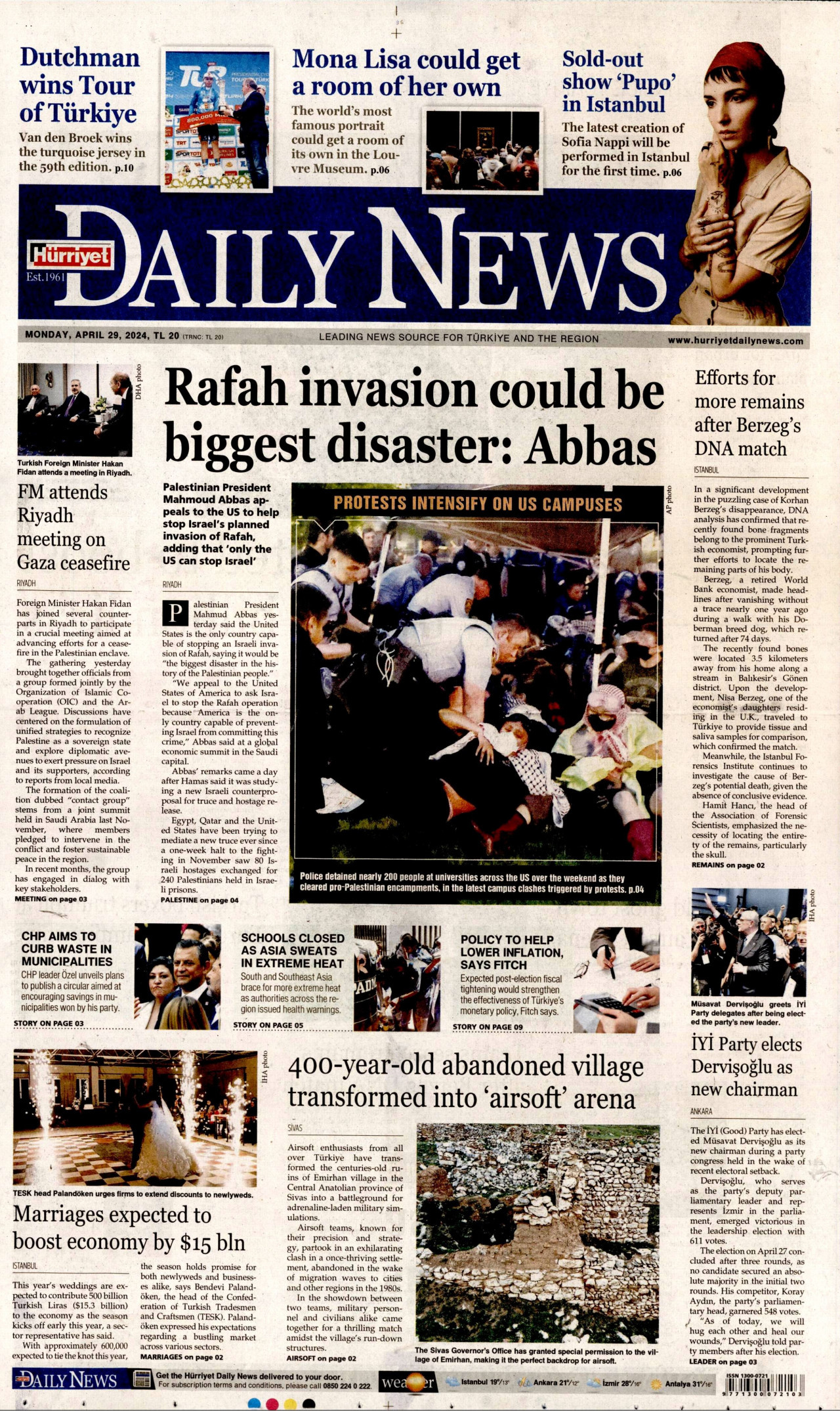 HÜRRİYET DAİLY NEWS gazetesinin 29 Nisan 2024 tarihli birinci sayfası