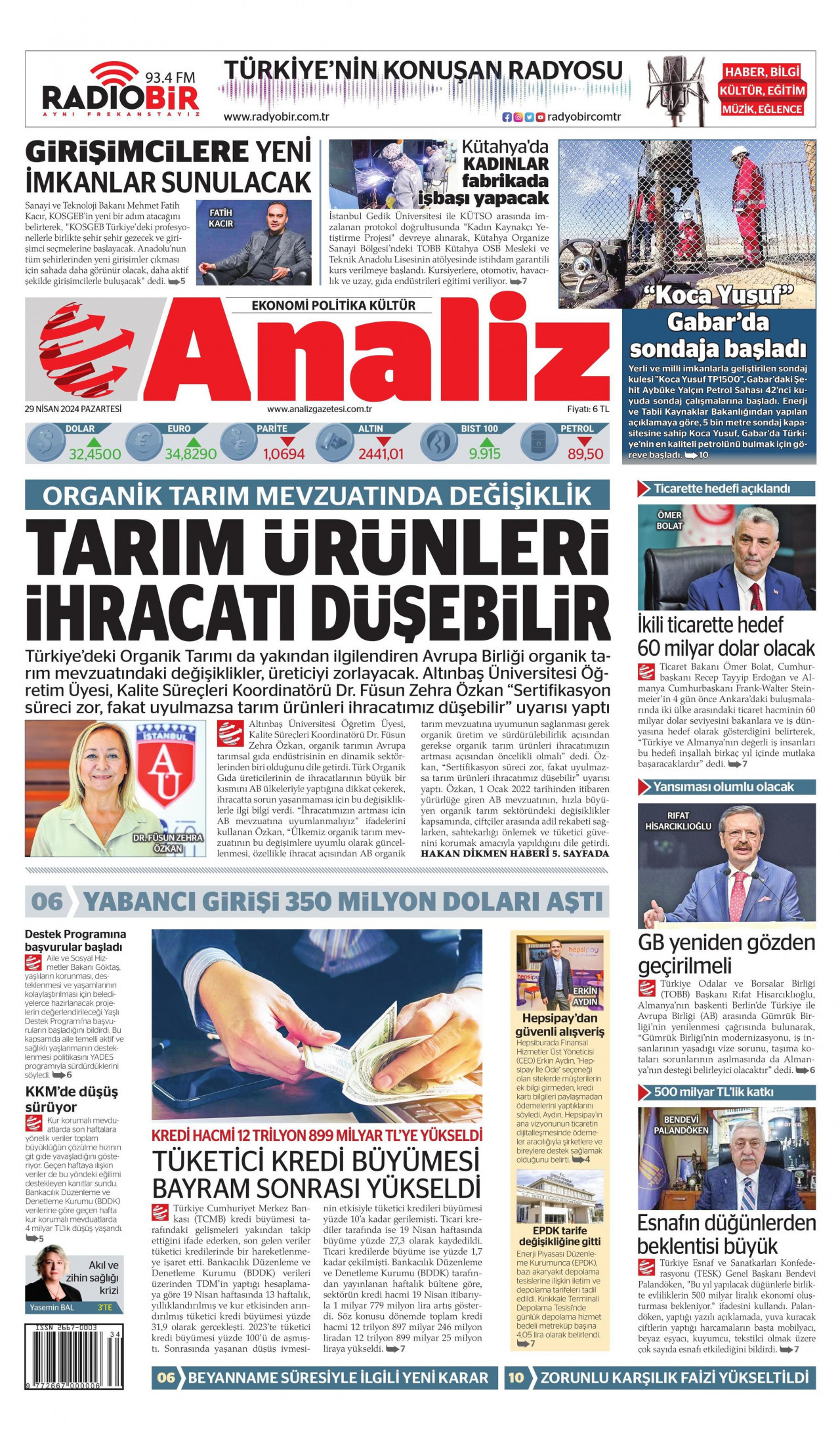ANALİZ gazetesinin 29 Nisan 2024 tarihli birinci sayfası