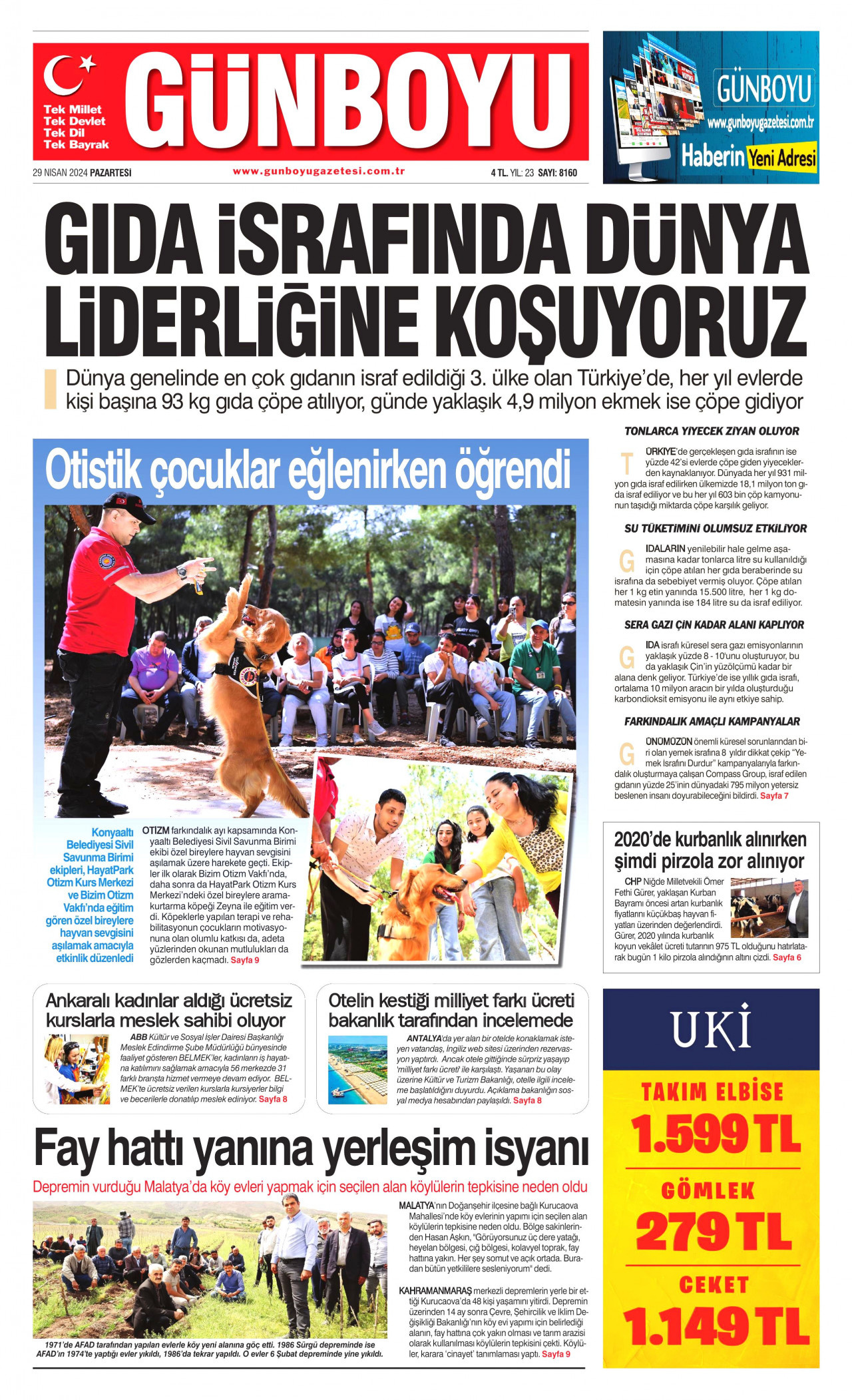 GÜNBOYU gazetesinin 29 Nisan 2024 tarihli birinci sayfası