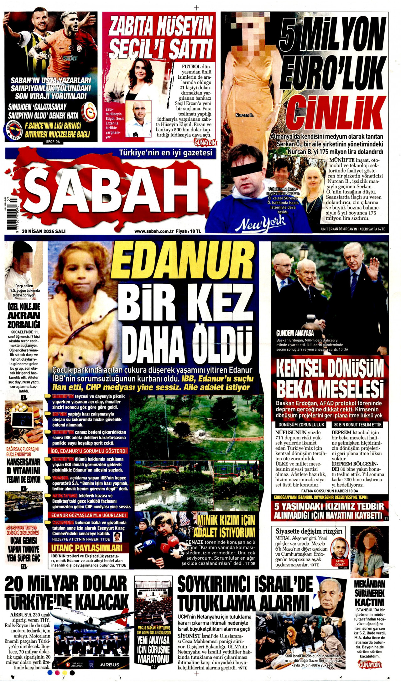 SABAH gazetesinin 30 Nisan 2024 tarihli birinci sayfası