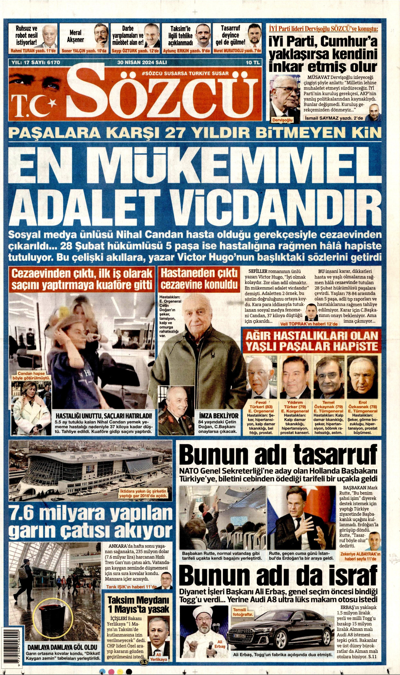 SÖZCÜ gazetesinin 30 Nisan 2024 tarihli birinci sayfası