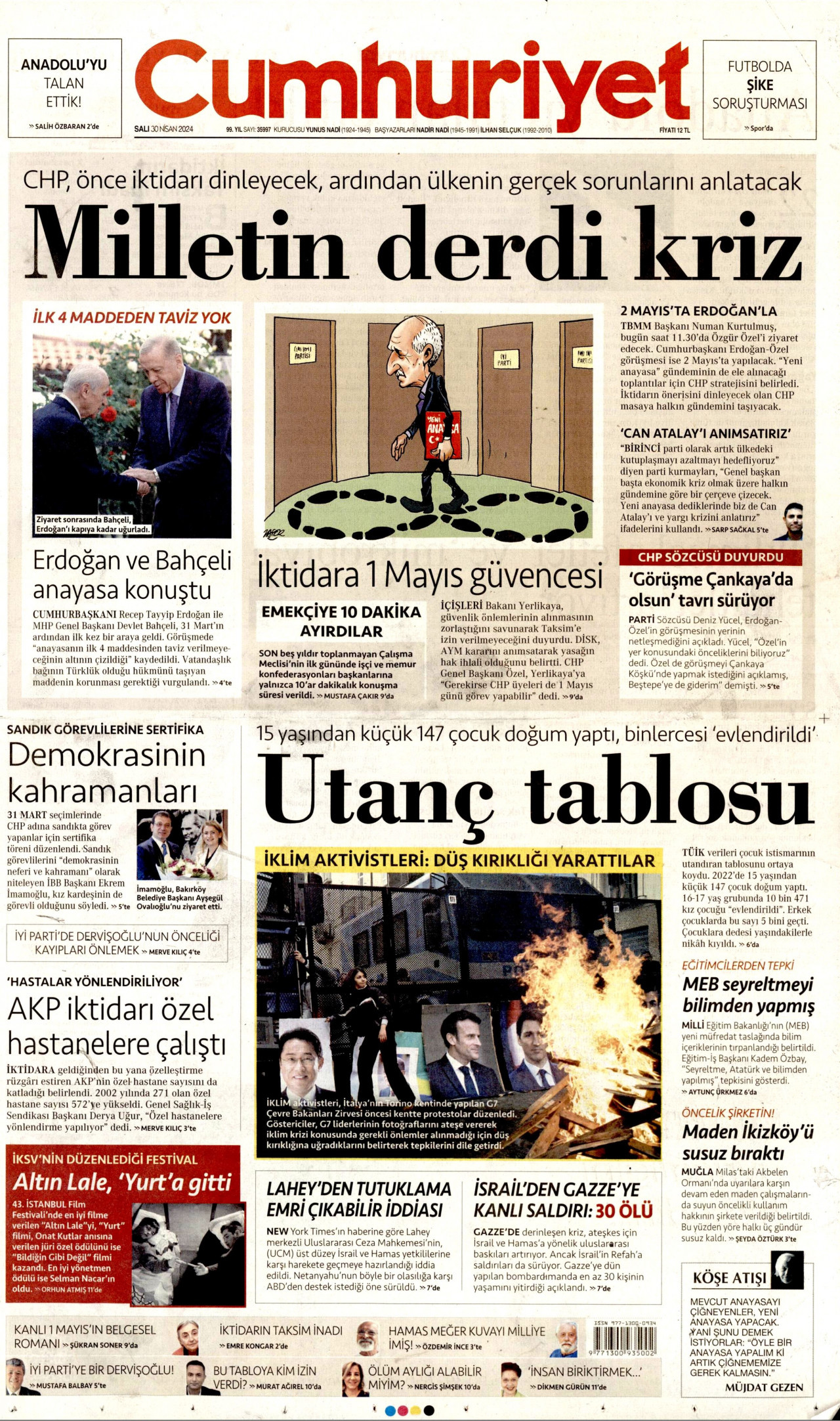 CUMHURİYET gazetesinin 30 Nisan 2024 tarihli birinci sayfası