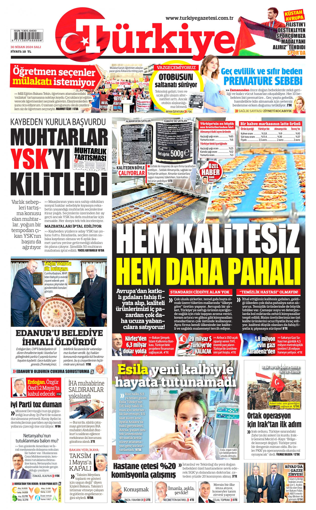 TÜRKİYE GAZETESİ gazetesinin 30 Nisan 2024 tarihli birinci sayfası