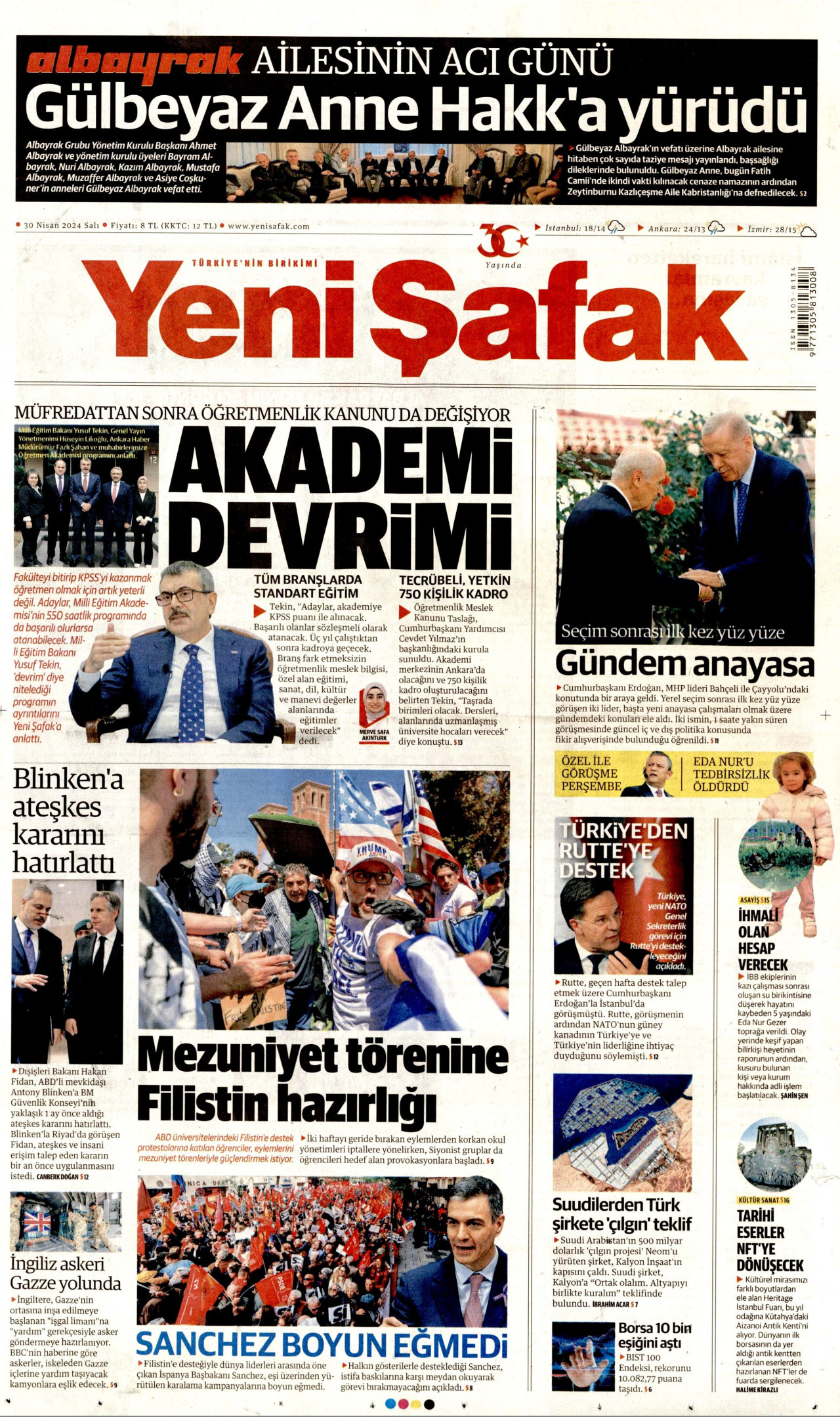 YENİ ŞAFAK gazetesinin 30 Nisan 2024 tarihli birinci sayfası