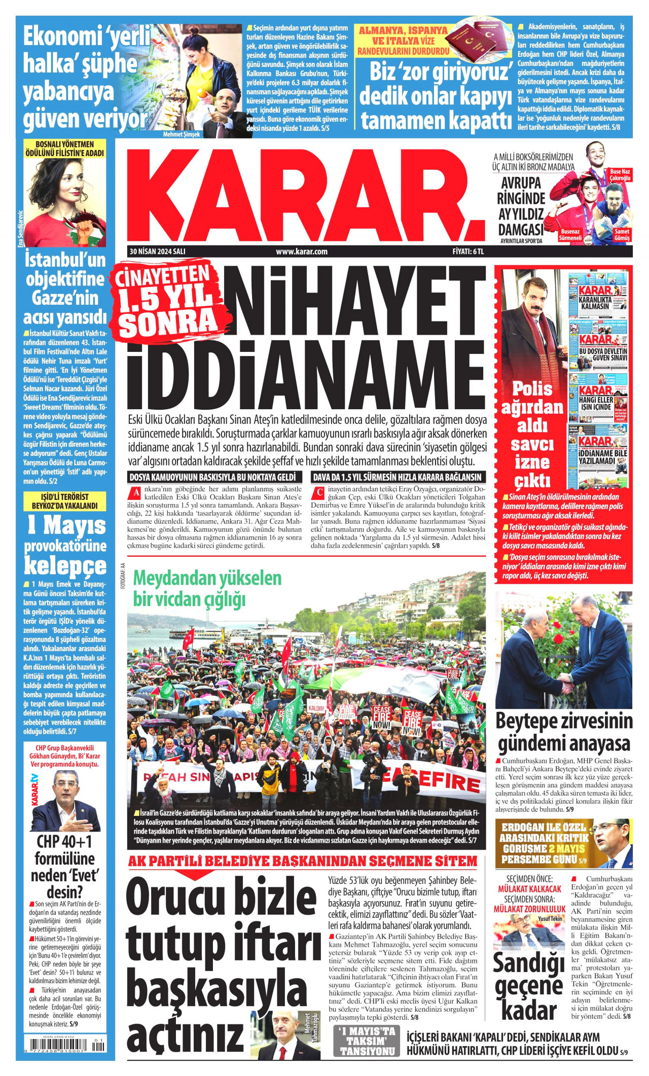 KARAR gazetesinin 30 Nisan 2024 tarihli birinci sayfası