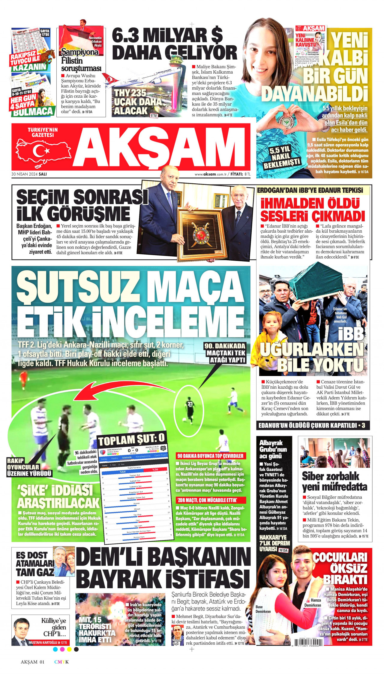 AKŞAM gazetesinin 30 Nisan 2024 tarihli birinci sayfası