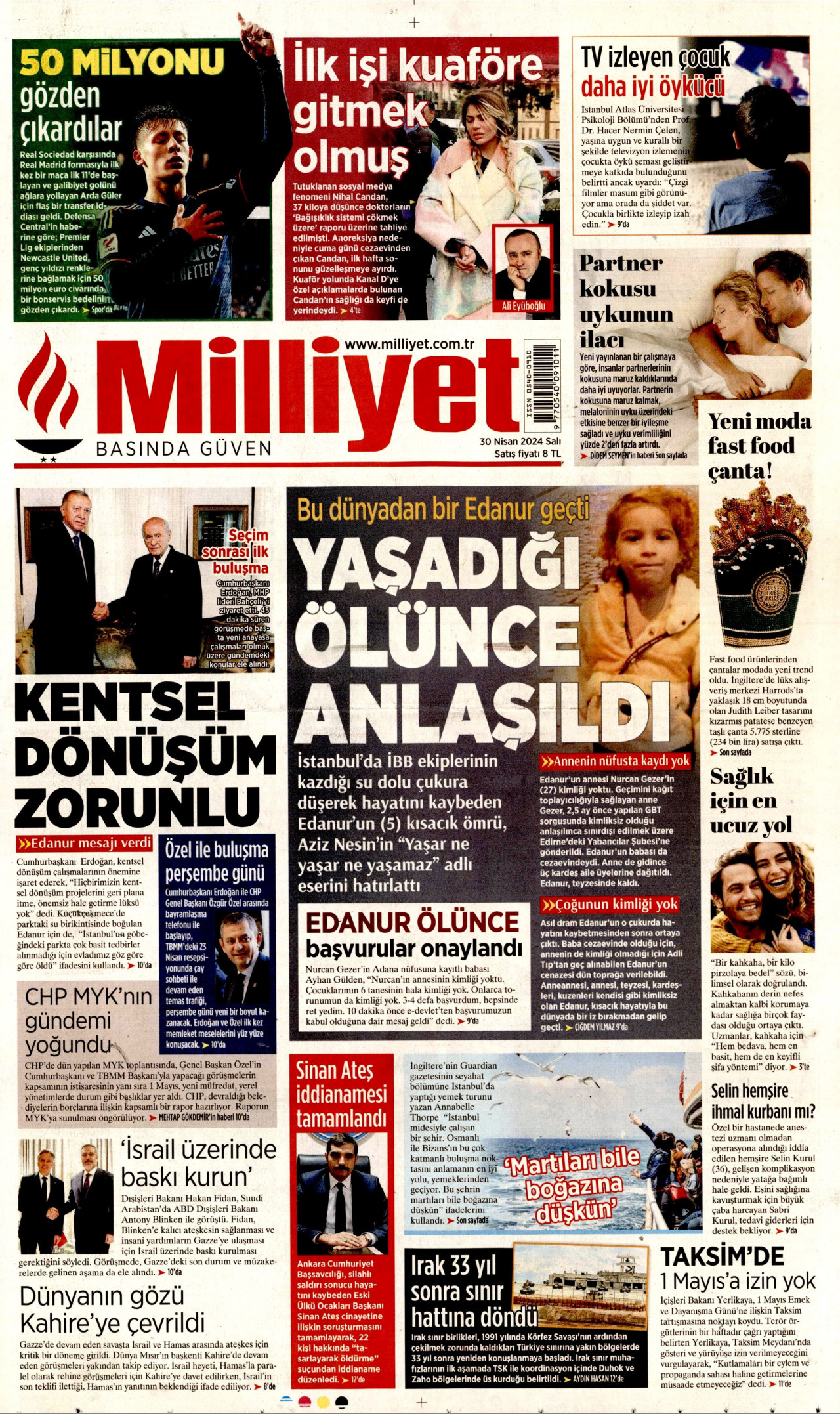 MİLLİYET gazetesinin 30 Nisan 2024 tarihli birinci sayfası