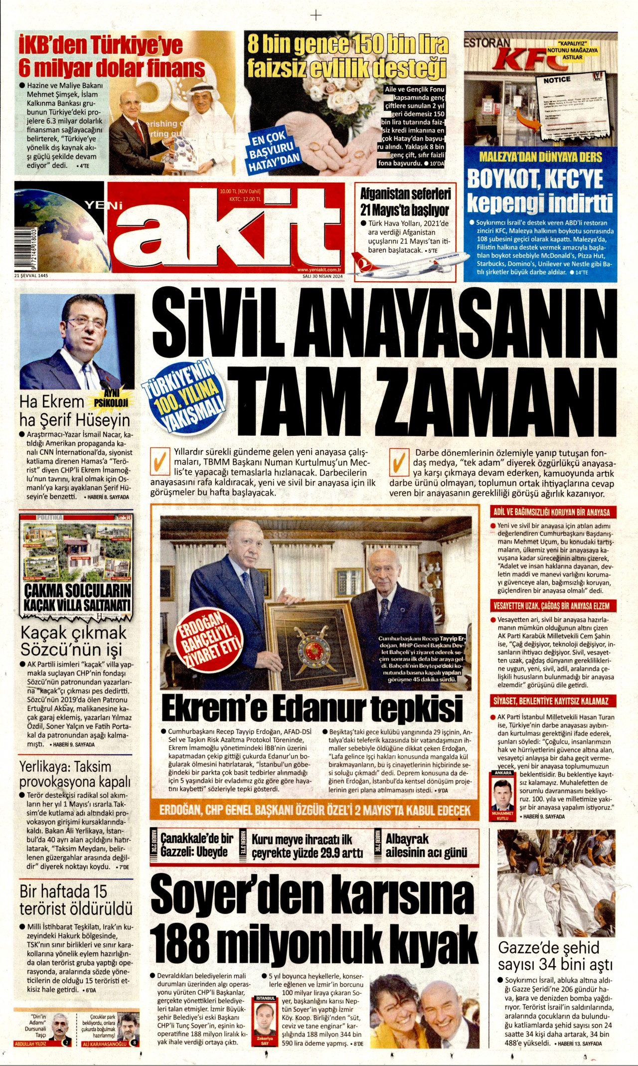 YENİ AKİT gazetesinin 30 Nisan 2024 tarihli birinci sayfası