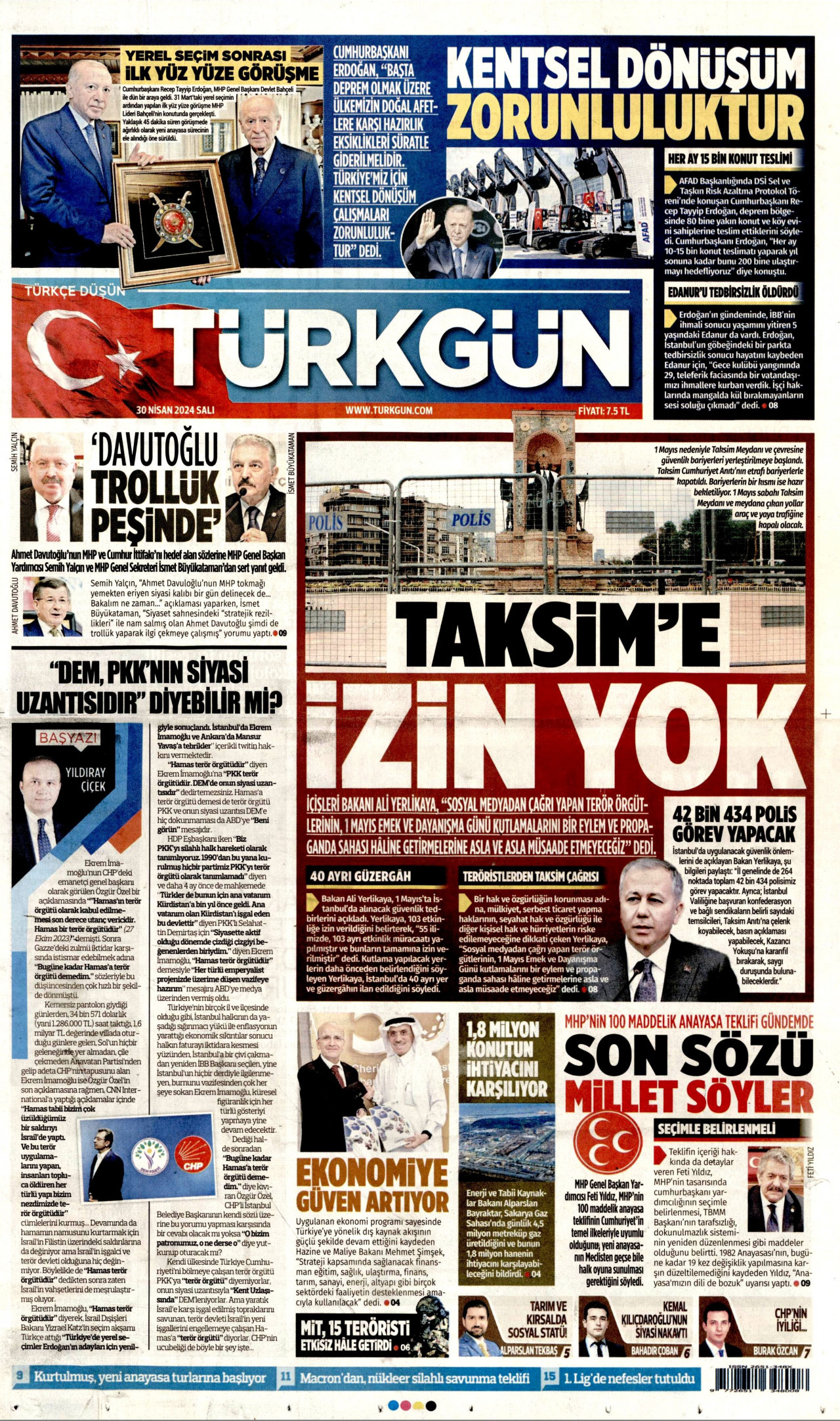 TÜRKGÜN gazetesinin 30 Nisan 2024 tarihli birinci sayfası