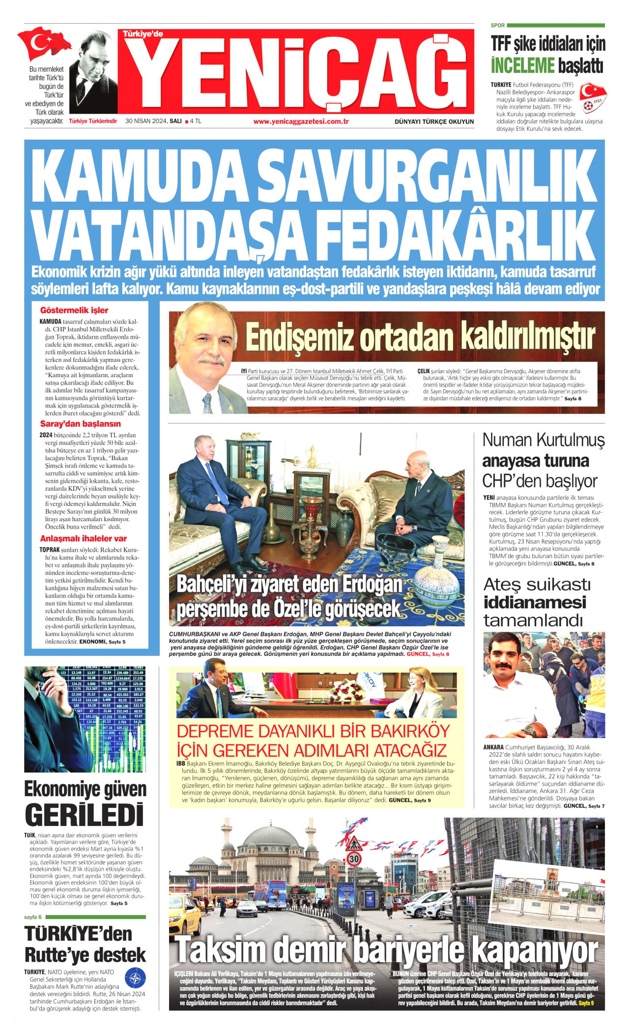 YENİÇAĞ gazetesinin 30 Nisan 2024 tarihli birinci sayfası
