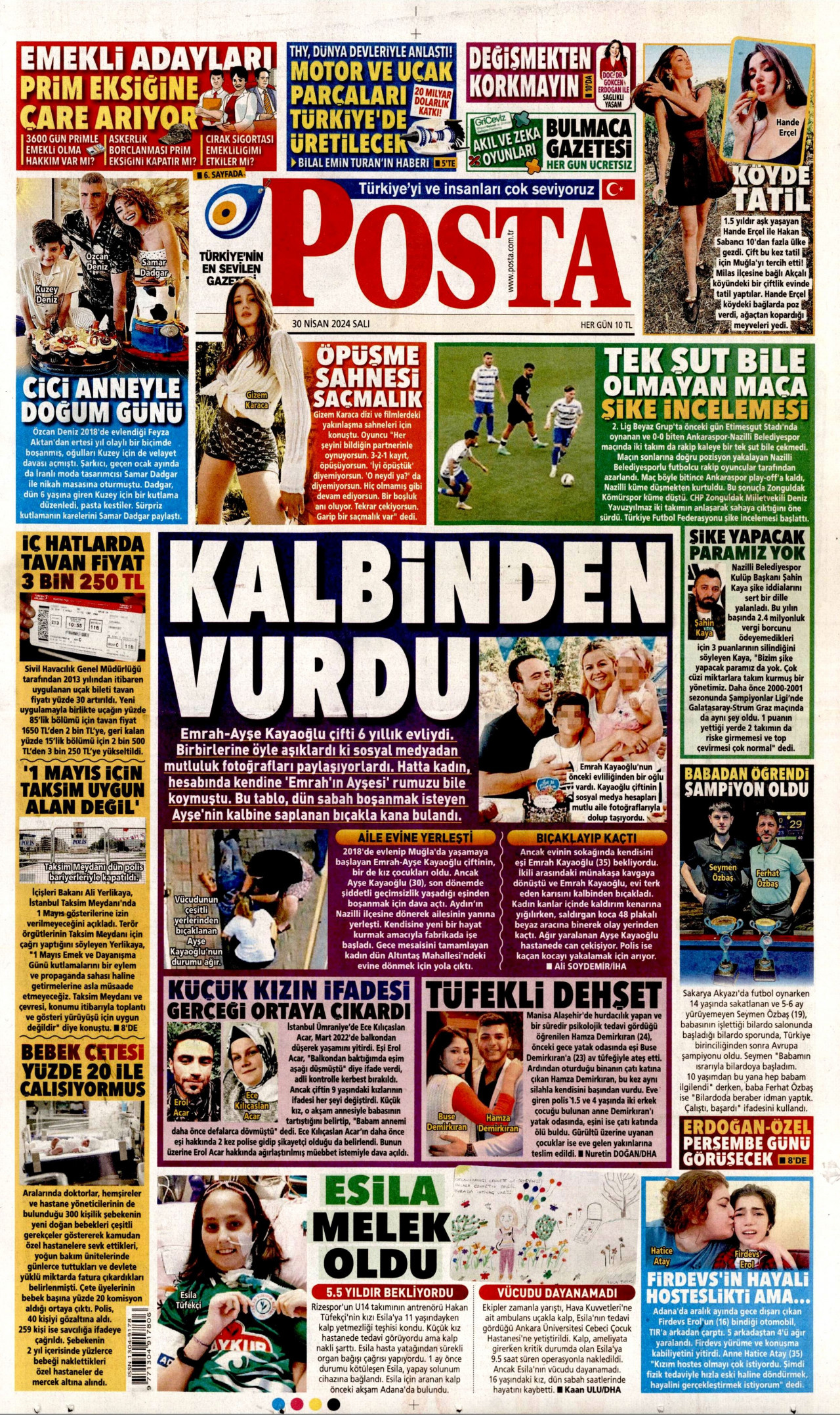 POSTA gazetesinin 30 Nisan 2024 tarihli birinci sayfası