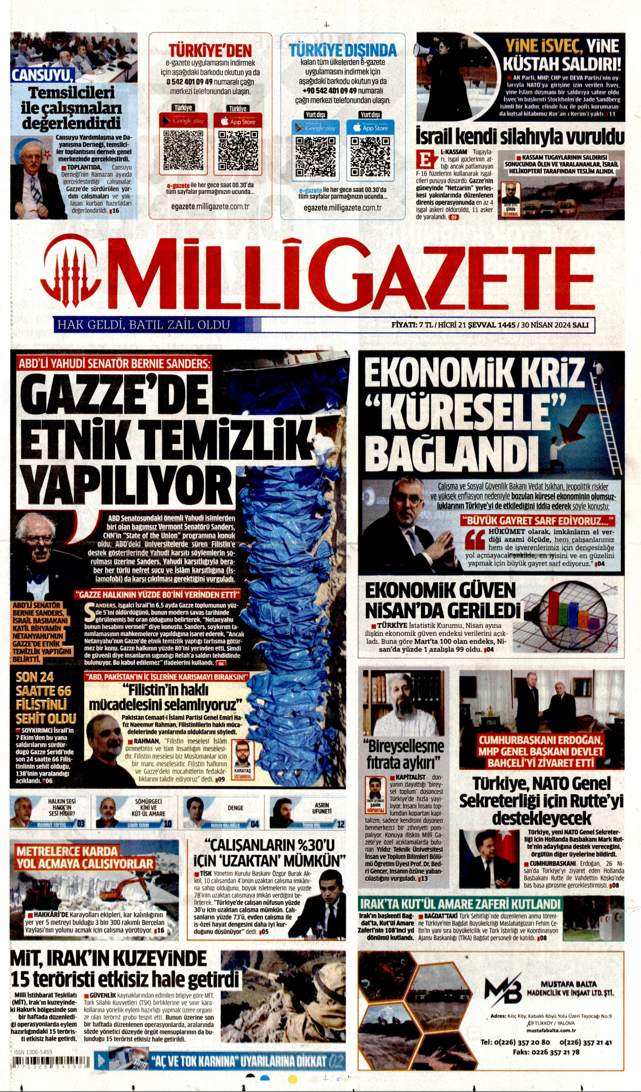 MİLLİ GAZETE gazetesinin 30 Nisan 2024 tarihli birinci sayfası