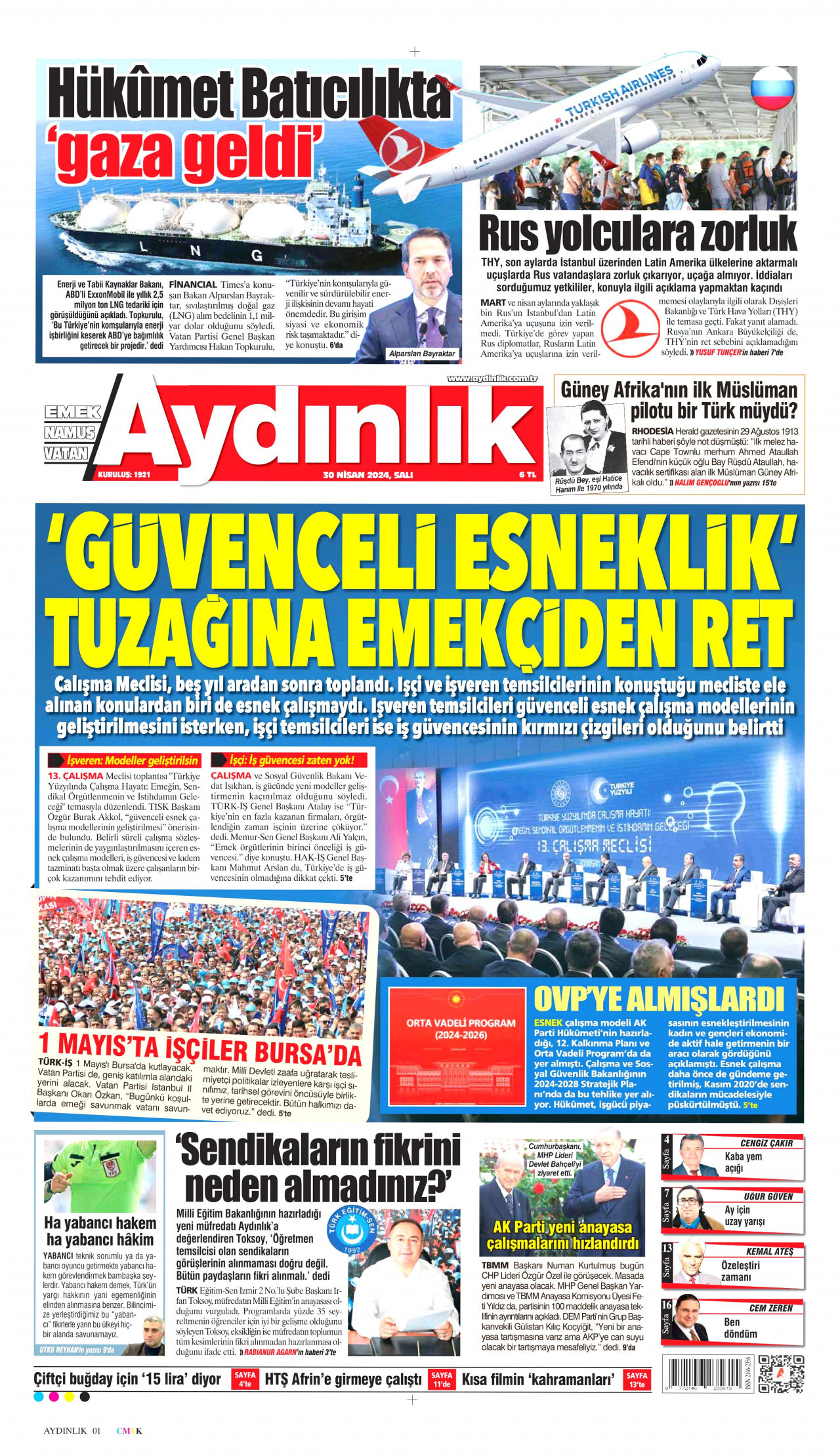 AYDINLIK GAZETESİ gazetesinin 30 Nisan 2024 tarihli birinci sayfası