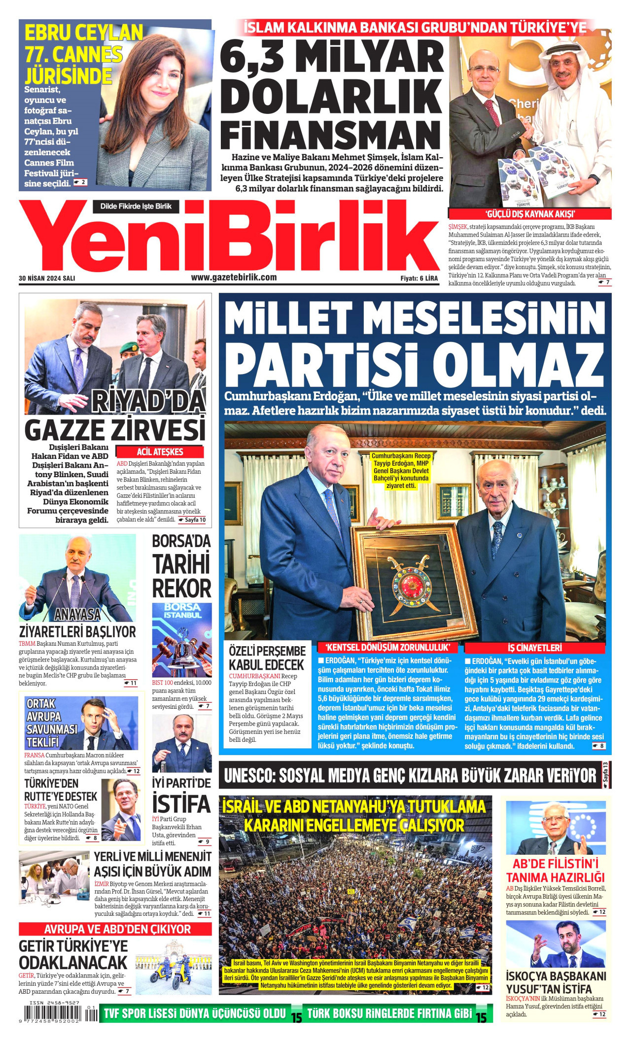 YENİBİRLİK gazetesinin 30 Nisan 2024 tarihli birinci sayfası