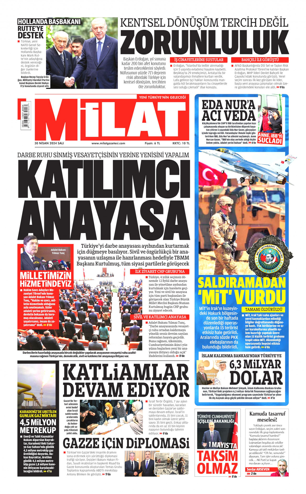 MİLAT gazetesinin 30 Nisan 2024 tarihli birinci sayfası