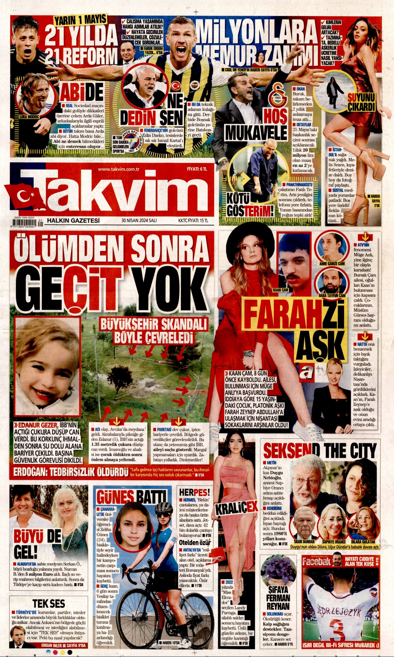 TAKVİM gazetesinin 30 Nisan 2024 tarihli birinci sayfası