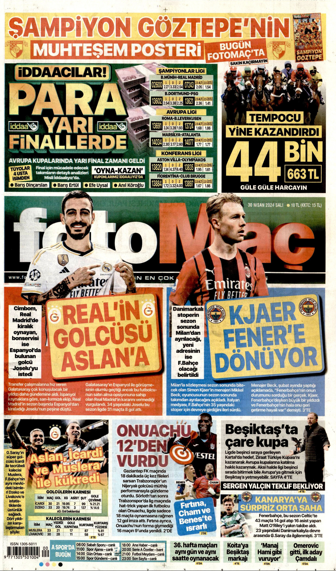 FOTOMAÇ gazetesinin 30 Nisan 2024 tarihli birinci sayfası
