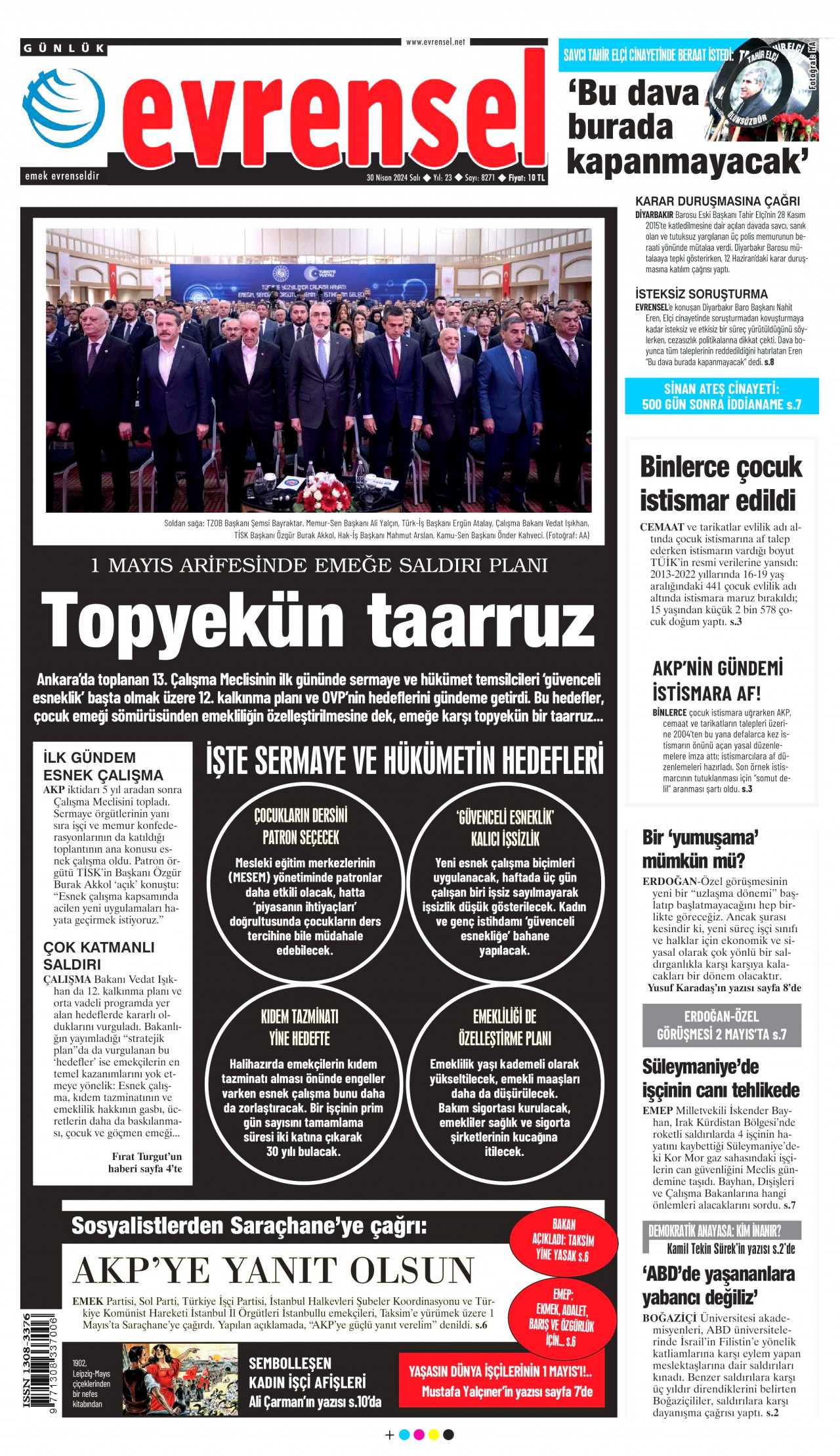 EVRENSEL gazetesinin 30 Nisan 2024 tarihli birinci sayfası
