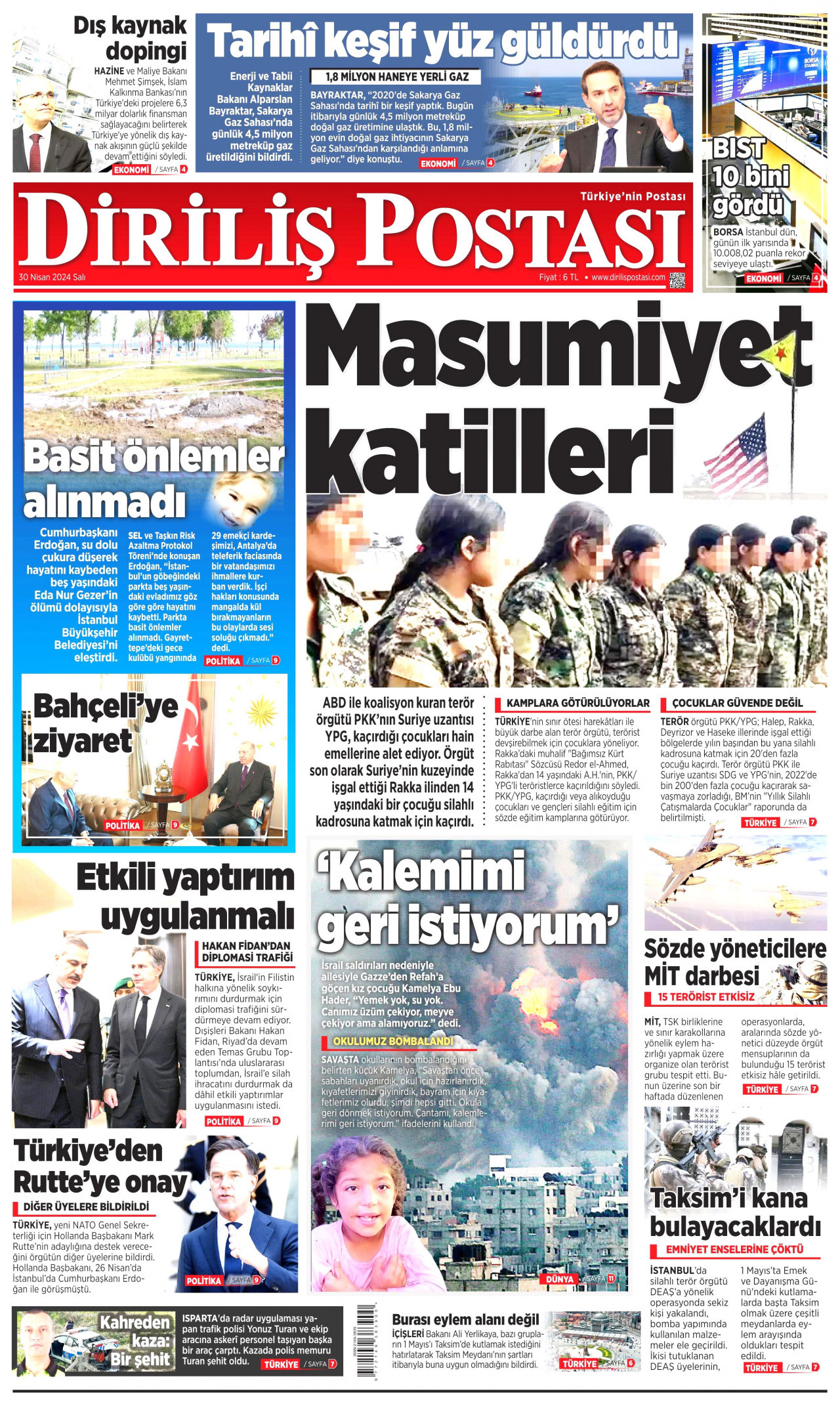 DİRİLİŞ POSTASI gazetesinin 30 Nisan 2024 tarihli birinci sayfası