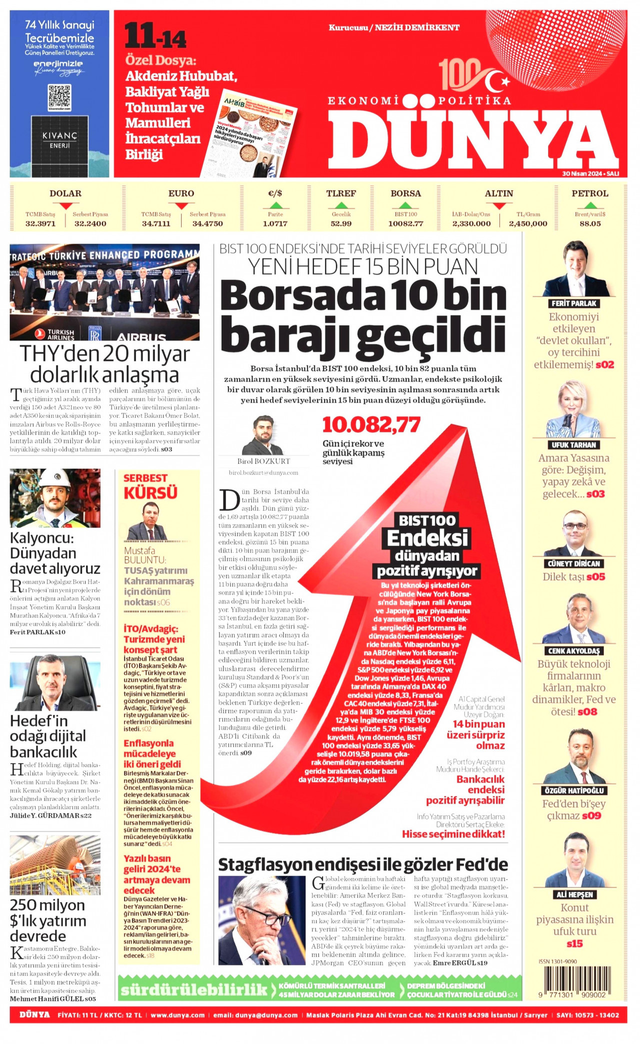 DÜNYA gazetesinin 30 Nisan 2024 tarihli birinci sayfası