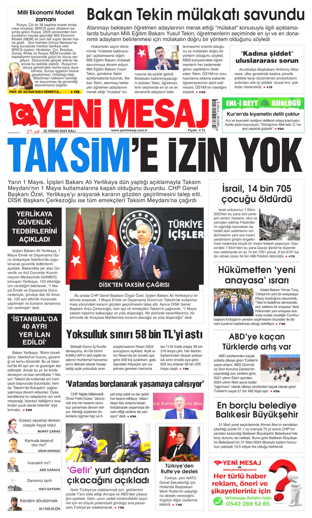 YENİ MESAJ gazetesinin 30 Nisan 2024 tarihli birinci sayfası