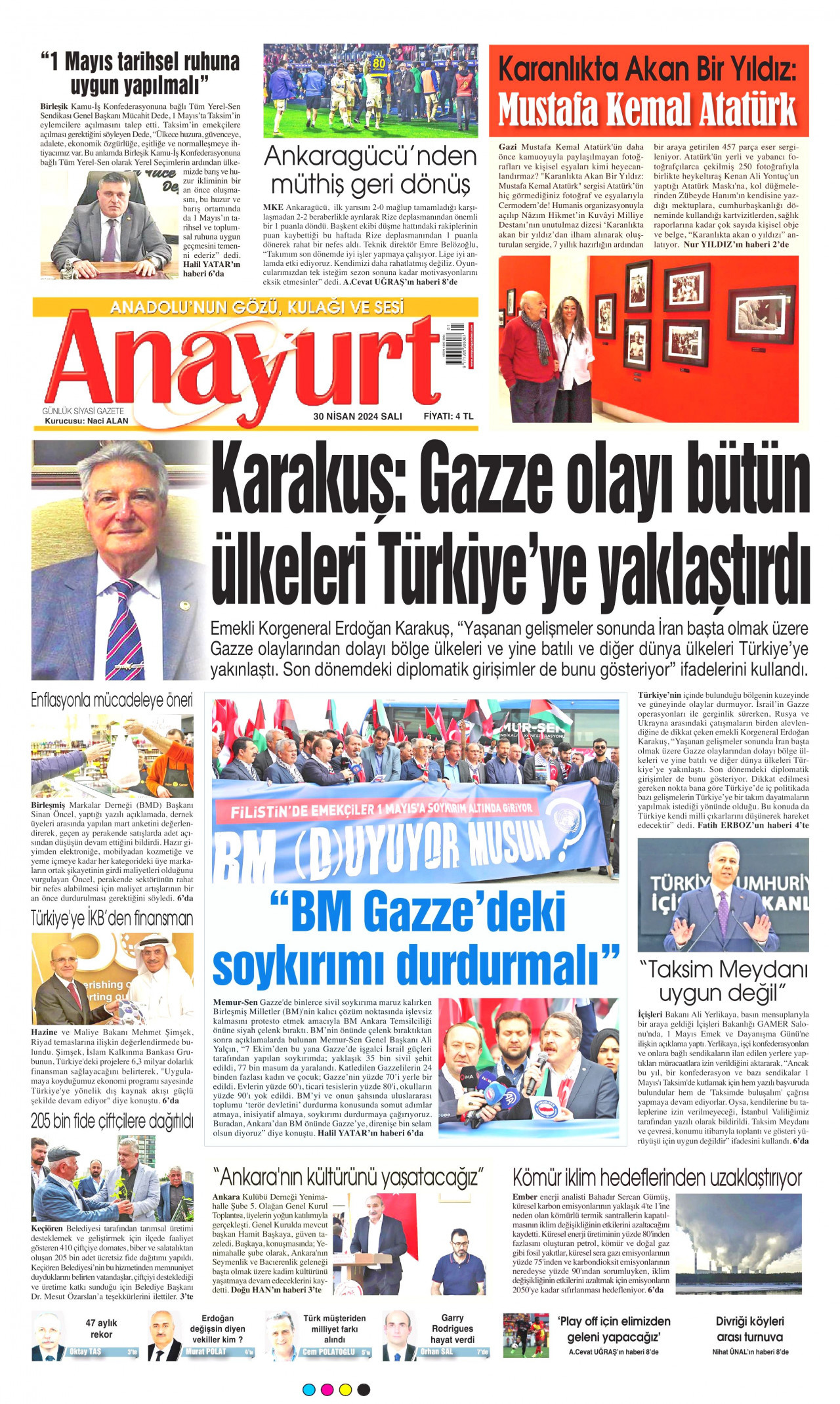 ANAYURT gazetesinin 30 Nisan 2024 tarihli birinci sayfası
