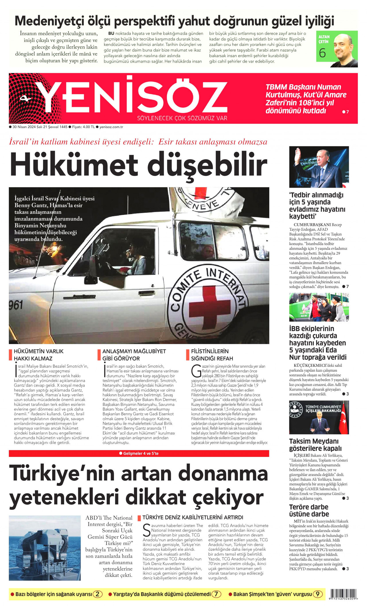 YENİ SÖZ GAZETESİ gazetesinin 30 Nisan 2024 tarihli birinci sayfası