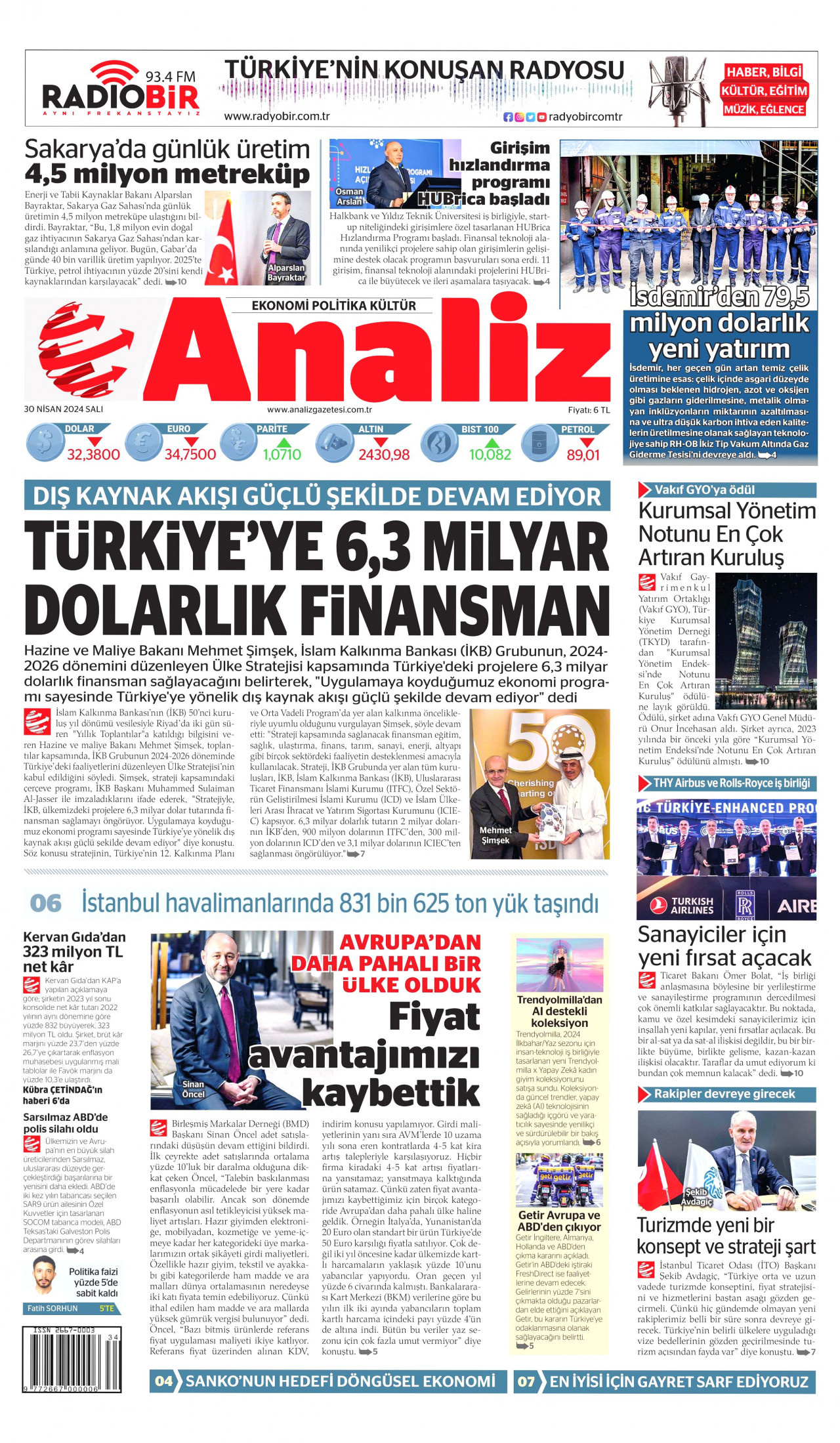 ANALİZ gazetesinin 30 Nisan 2024 tarihli birinci sayfası