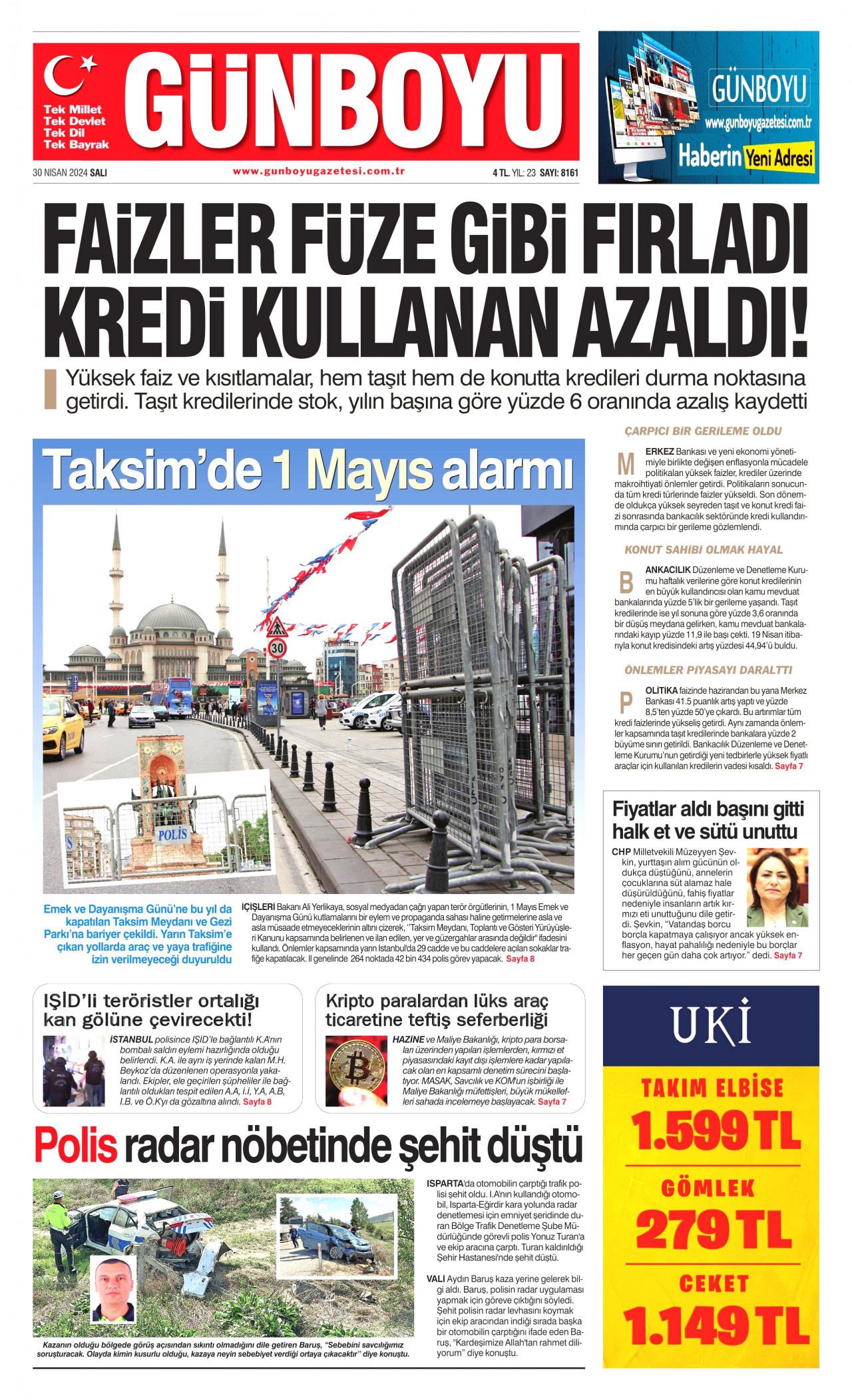 GÜNBOYU gazetesinin 30 Nisan 2024 tarihli birinci sayfası