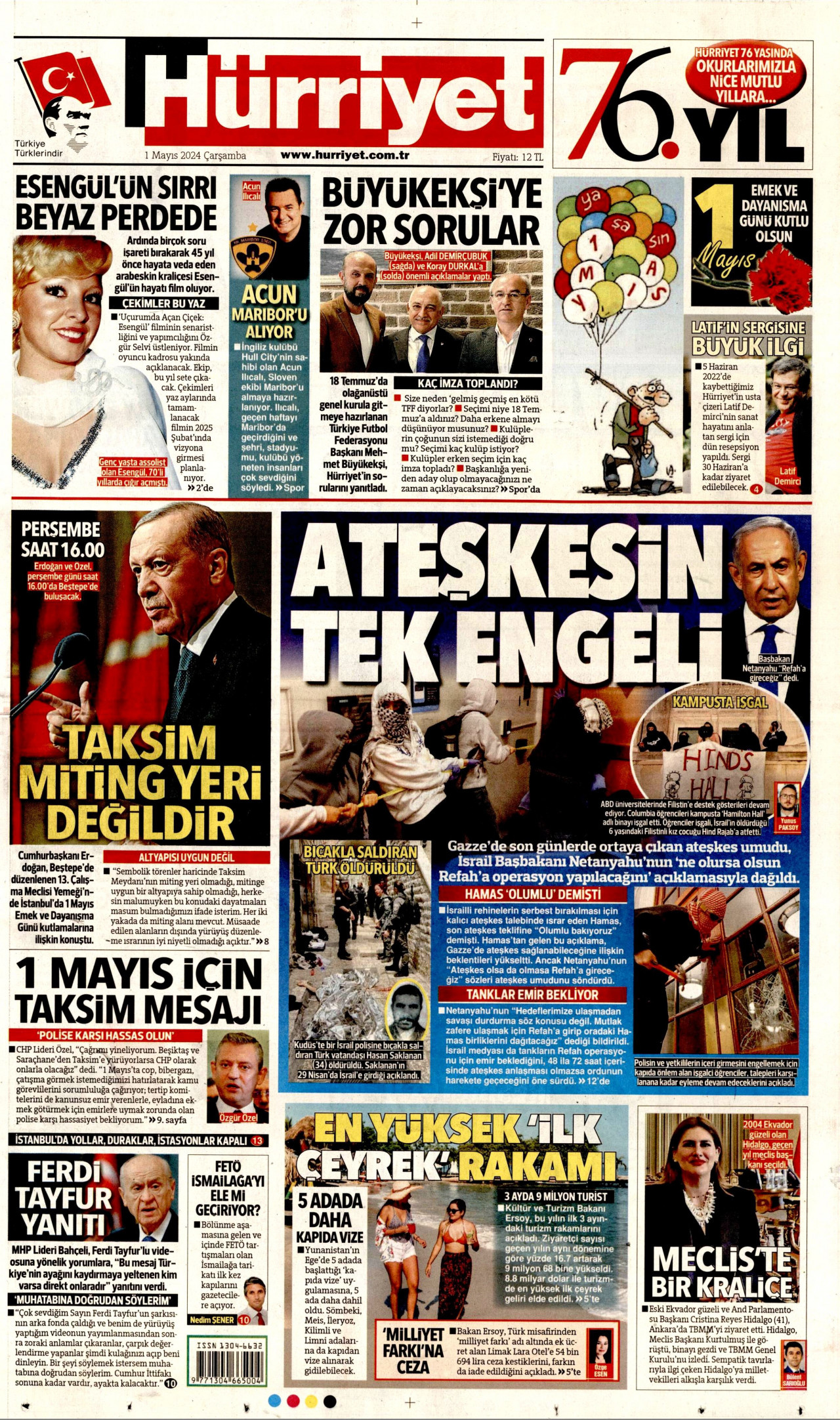 HÜRRİYET gazetesinin 1 Mayıs 2024 tarihli birinci sayfası