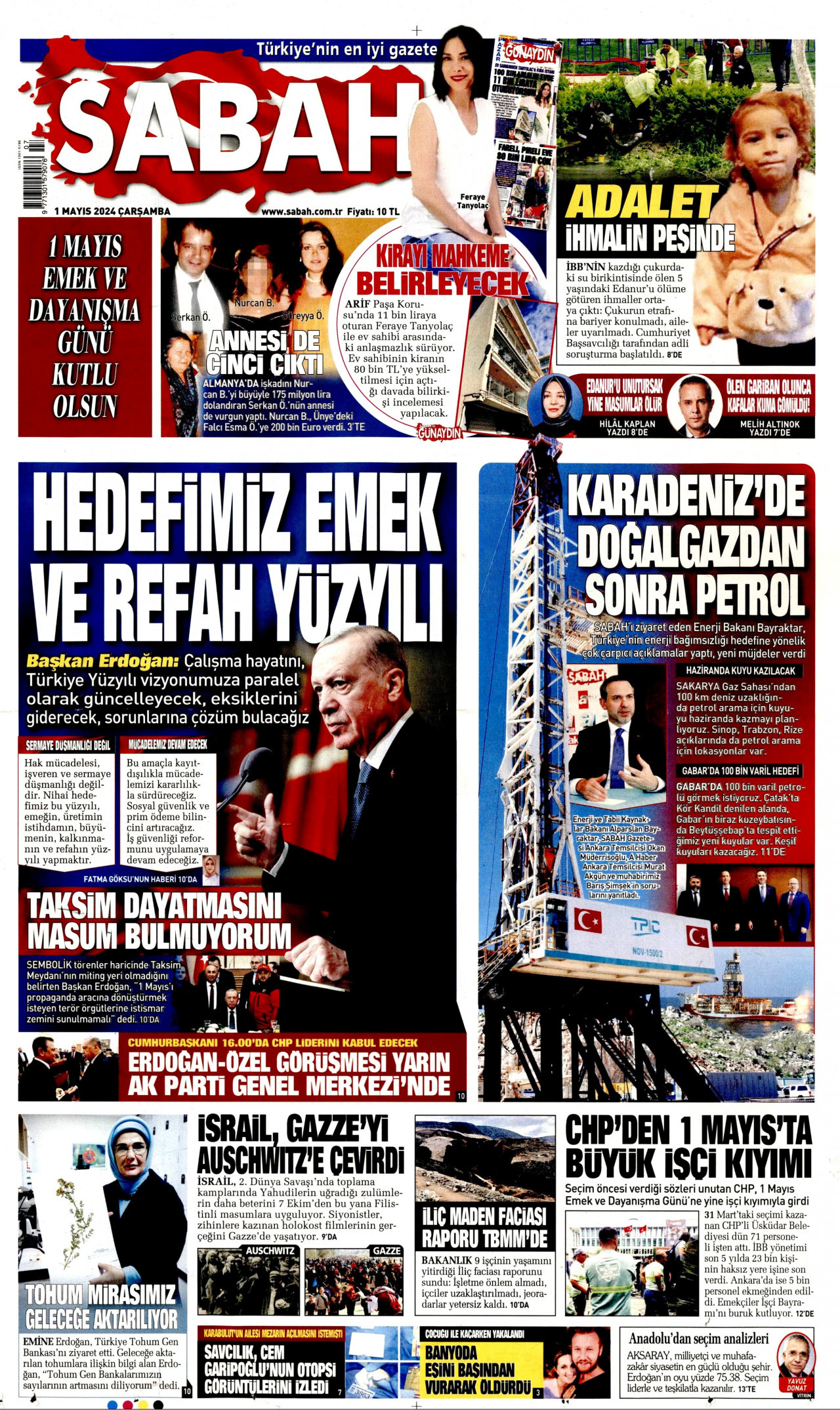 SABAH gazetesinin 1 Mayıs 2024 tarihli birinci sayfası