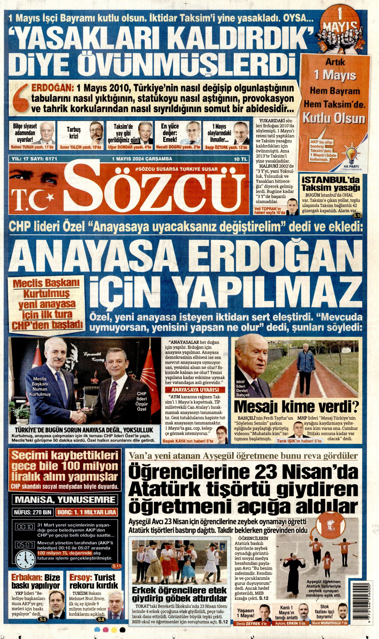 SÖZCÜ gazetesinin 1 Mayıs 2024 tarihli birinci sayfası