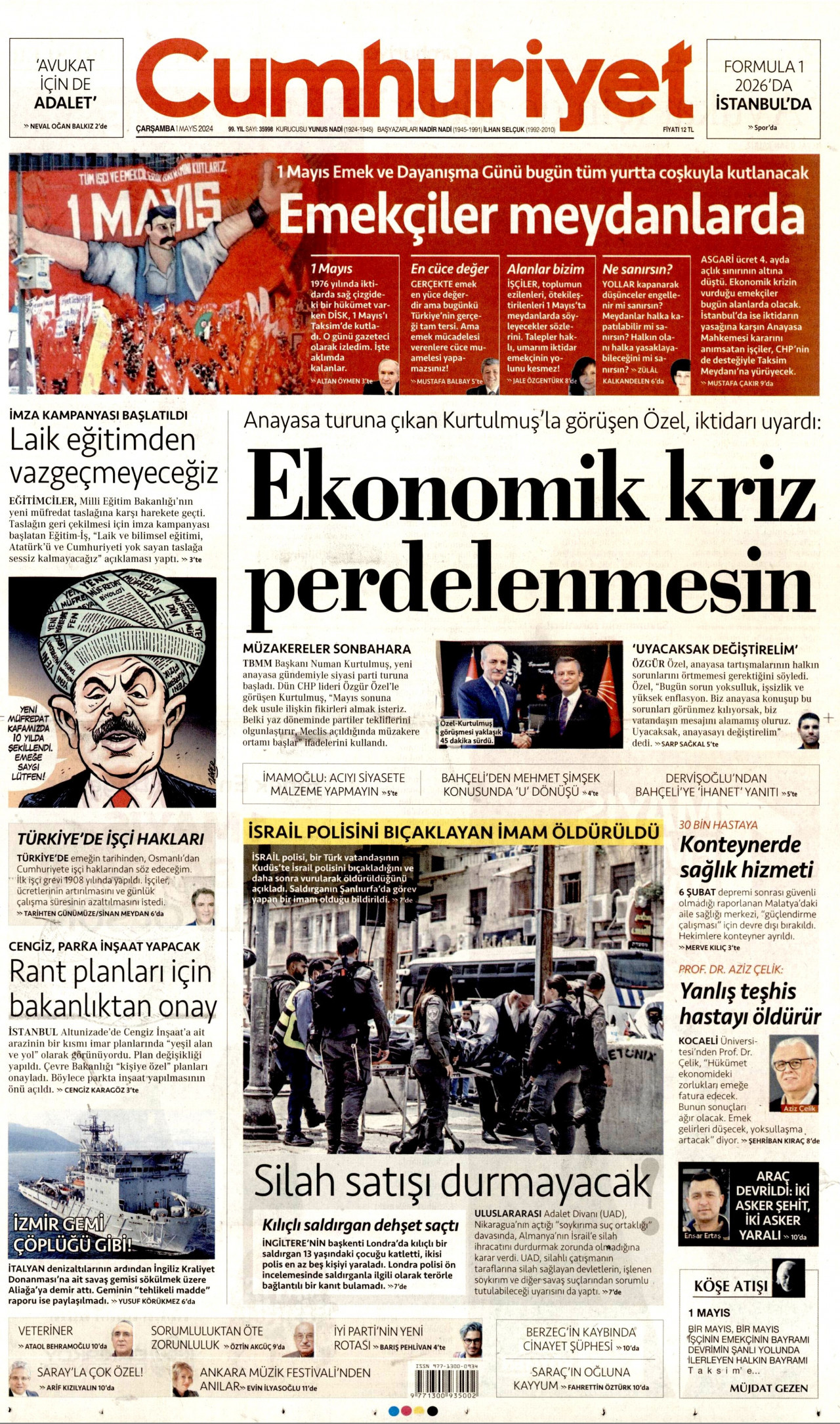 CUMHURİYET gazetesinin 1 Mayıs 2024 tarihli birinci sayfası