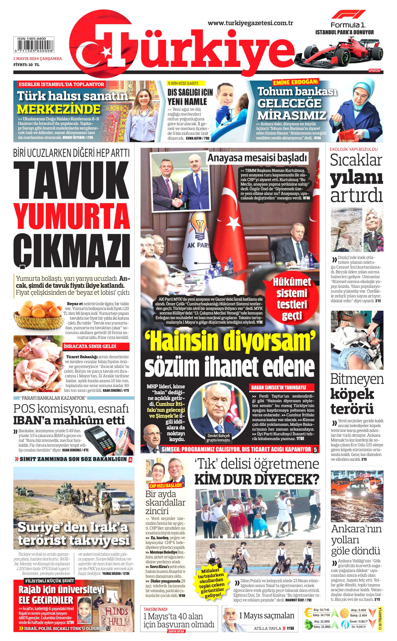 TÜRKİYE GAZETESİ gazetesinin 1 Mayıs 2024 tarihli birinci sayfası