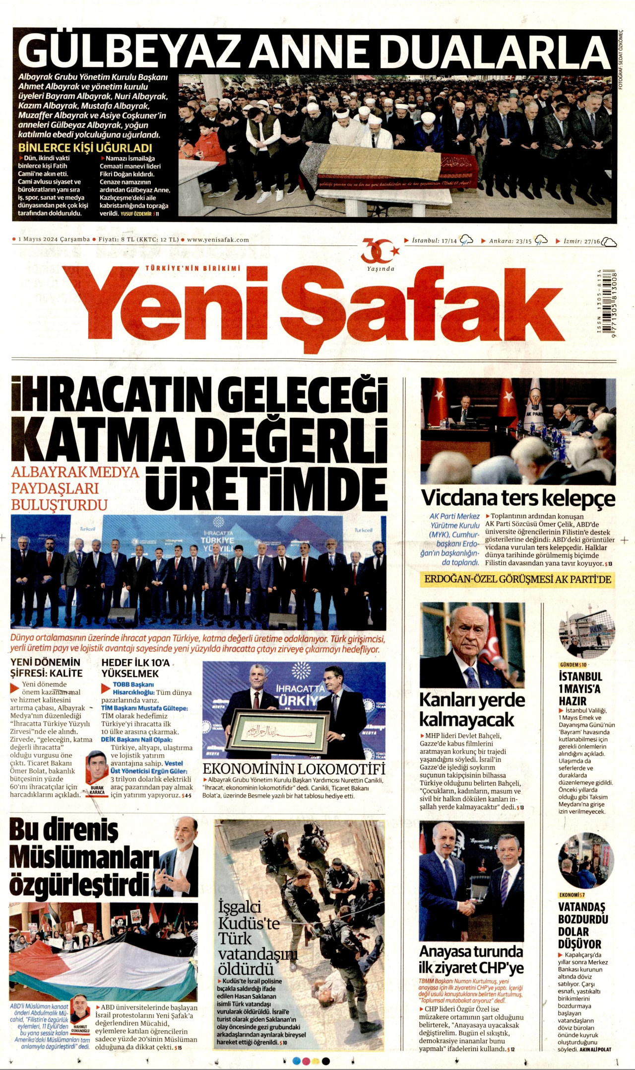 YENİ ŞAFAK gazetesinin 1 Mayıs 2024 tarihli birinci sayfası