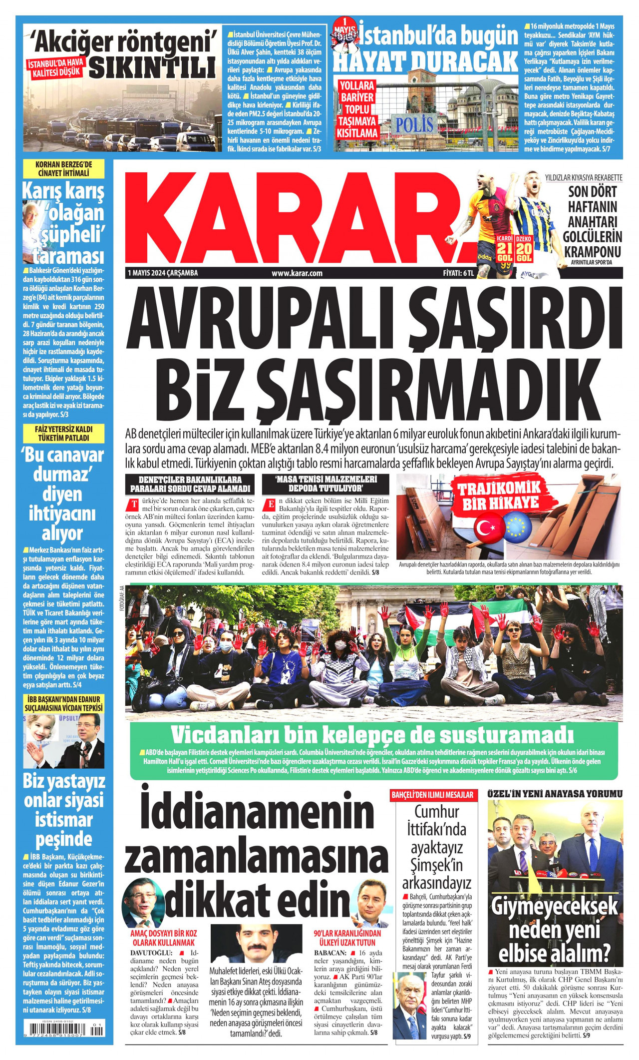 KARAR gazetesinin 1 Mayıs 2024 tarihli birinci sayfası