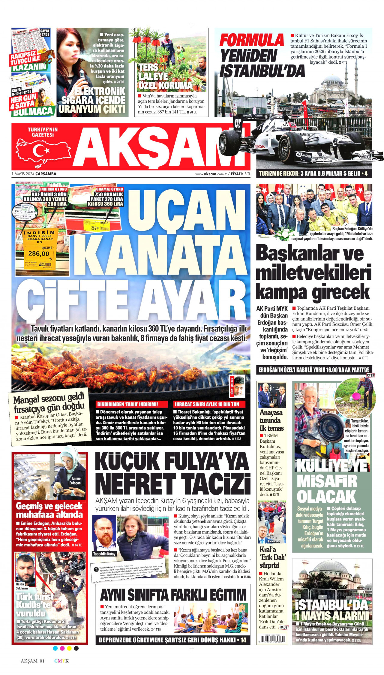 AKŞAM gazetesinin 1 Mayıs 2024 tarihli birinci sayfası
